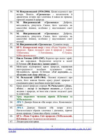 54. М. Вінграновський (1936-2004). Цікаві відомості про
автора. Повість «Сіроманець» - захоплююча й
драматична історія про хлопчика й вовка як приклад
гармонії людини й природи
55. М. Вінграновський «Сіроманець». Доброта,
вигадливість, рішучість Сашка, його здатність на
самостійні вчинки, особливо у відстоюванні своєї
позиції.
56. М. Вінграновський «Сіроманець». Доброта,
вигадливість, рішучість Сашка, його здатність на
самостійні вчинки, особливо у відстоюванні своєї
позиції.
57. М. Вінграновський «Сіроманець». Гуманізм твору
58. КР 5. Контрольний твір з теми «Рідна Україна. Світ
природи». Краса людської душі й природи у творах
Т.Шевченка, Г.Тютюнника, Є.Гуцала,
М.Вінграновського
59. Павло Тичина (1891-1967). Коротко про поета і край,
де він народився. Патріотичні почуття в поезії
П.Тичини «Не бував ти у наших краях!»
60. Майстерне відтворення краси природи, вираження
життєрадісності засобами художнього слова;
Мелодійність віршів П.Тичини «Гаї шумлять…»,
«Блакить мою душу обвіяла…»
61. М. Рильський (1895-1964). Основні відомості про
поета, його вміння бачити красу рідної природи і
створювати красу засобами поетичної мови.
62. Краса рідної природи у віршах М. Рильського «Дощ»,
«Осінь – маляр із палітрою пишною…» Єдність
людини і природи, зв’язок між станом людської душі
та довкіллям.
63. Урок виразного читання віршів П.Тичини та
М.Рильського
64. ЛРК 3. Дмитро Кешеля «На мокре літо». Композиція і
сюжет.
65. ЛРК 4. Дмитро Кешеля «На мокре літо».
Психологізація образів хлопчика і дівчинки, ліричні
описи природи. Символіка образу оленяти.
66. КР 6. «Рідна Україна. Світ природи» (М.Рильський,
П.Тичина (тест+відповіді на питання))
67. Літературна вікторина
8
http://svitliteraturu.com/board/kalendarne_planuvannja/kalendarne_planuvannja_z_ukr_lit_5_kl/7
-1-0-266
 