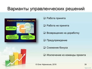 Варианты управленческих решений
 Работа принята
 Работа не принята
 Возвращение на доработку
 Предупреждение
 Снижение бонуса
 Исключение из команды проекта
© Олег Афанасьев, 2016 39
 