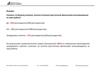 ООО "Маркетинговое агентство Зум Маркет" Тел.: +7 (495) 960-90-89 E-MAIL: market@mazm.ru WEB: http://www.mazm.ru
Выводы:
Скажите, по Вашему мнению, учителя получают достаточное финансовое вознаграждение
за свою работу?
Да - 33% респондентов (990 респондентов);
Нет - 46% респондентов (1380 респондентов);
Затрудняюсь ответить - 21% респондентов (630 респондентов).
По результатам социологического опроса большинство (46%) из опрошенных респондентов
затрудняются ответить получают ли учителя достаточное финансовое вознаграждение за
свою работу.
 
