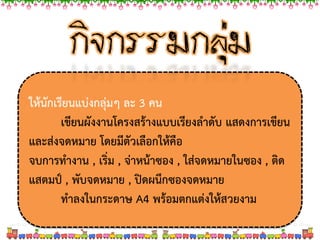 ให้นักเรียนแบ่งกลุ่มๆ ละ 3 คน
เขียนผังงานโครงสร้างแบบเรียงลาดับ แสดงการเขียน
และส่งจดหมาย โดยมีตัวเลือกให้คือ
จบการทางาน , เริ่ม , จ่าหน้าซอง , ใส่จดหมายในซอง , ติด
แสตมป์ , พับจดหมาย , ปิดผนึกซองจดหมาย
ทาลงในกระดาษ A4 พร้อมตกแต่งให้สวยงาม
กิจกรรมกลุ่ม
 
