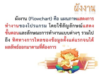 ผังงาน
ผังงาน (Flowchart) คือ แผนภาพแสดงการ
ทางานของโปรแกรม โดยใช้สัญลักษณ์แสดง
ขั้นตอนและลักษณะการทางานแบบต่างๆ รวมไป
ถึง ทิศทางการไหลของข้อมูลตั้งแต่แรกจนได้
ผลลัพธ์ออกมาตามที่ต้องการ
 