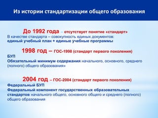 Из истории стандартизации общего образования
До 1992 года – отсутствует понятие «стандарт»
В качестве стандарта – совокупность единых документов:
единый учебный план + единые учебные программы
1998 год – ГОС-1998 (стандарт первого поколения)
БУП
Обязательный минимум содержания начального, основного, среднего
(полного) общего образования»
2004 год – ГОС-2004 (стандарт первого поколения)
Федеральный БУП
Федеральный компонент государственных образовательных
стандартов начального общего, основного общего и среднего (полного)
общего образования
 