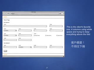 29
This is the client's favorite
one, 4 columns using white
space and trying to keep
everything above the fold.
客戶最愛！
不用往下捲
 