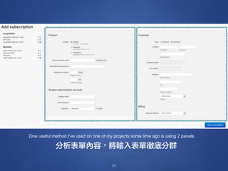 34
One useful method I've used on one of my projects some time ago is using 2 panels
分析表單內容，將輸入表單徹底分群
 