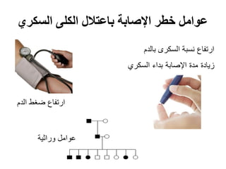 ‫السكري‬ ‫الكلى‬ ‫باعتالل‬ ‫اإلصابة‬ ‫خطر‬ ‫عوامل‬
‫بالدم‬ ‫السكرى‬ ‫نسبة‬ ‫ارتفاع‬
‫السكري‬ ‫بداء‬ ‫اإلصابة‬ ‫مدة‬ ‫زيادة‬
‫الدم‬ ‫ضغط‬ ‫ارتفاع‬
‫وراثية‬ ‫عوامل‬
 