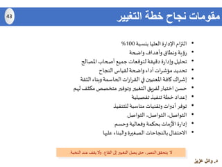 ‫د‬.‫عزيز‬ ‫وائل‬
‫التغيير‬ ‫خطة‬ ‫نجاح‬ ‫مقومات‬
•‫بنسبة‬ ‫العليا‬‫ة‬‫ر‬‫اإلدا‬‫ام‬‫ز‬‫الت‬100%
•‫واضحة‬ ‫وأهداف‬ ‫ونطاق‬ ‫ية‬‫ؤ‬‫ر‬
•‫املصالح‬‫أصحاب‬ ‫جميع‬ ‫لتوقعات‬‫دقيقة‬ ‫ة‬‫ر‬‫وإدا‬ ‫تحليل‬
•‫النجاح‬ ‫لقياس‬ ‫واضحة‬‫أداء‬ ‫ات‬‫ر‬‫مؤش‬ ‫تحديد‬
•‫الثقة‬ ‫وبناء‬‫الحاسمة‬‫ات‬‫ر‬‫ا‬‫ر‬‫الق‬‫في‬ ‫املعنيين‬ ‫كافة‬‫اك‬‫ر‬‫إش‬
•‫لهم‬ ‫مكثف‬‫متخصص‬ ‫وتوفير‬‫التغيير‬ ‫لفريق‬‫اختيار‬ ‫حسن‬
•‫تفصيلية‬ ‫تنفيذ‬ ‫خطة‬‫إعداد‬
•‫للتنفيذ‬‫مناسبة‬ ‫وتقنيات‬‫أدوات‬ ‫توفر‬
•‫التواصل‬ ،‫التواصل‬ ،‫التواصل‬
•‫وحسم‬ ‫وفعالية‬ ‫بحكمة‬‫مات‬‫ز‬‫األ‬‫ة‬‫ر‬‫إدا‬
•‫عليها‬ ‫والبناء‬‫الصغيرة‬ ‫بالنجاحات‬‫االحتفال‬
‫القاع‬‫إلى‬‫التغيير‬ ‫يصل‬ ‫حتى‬،‫النصر‬‫يتحقق‬ ‫ال‬..‫النخبة‬ ‫عند‬‫يقف‬ ‫وال‬.
43
 