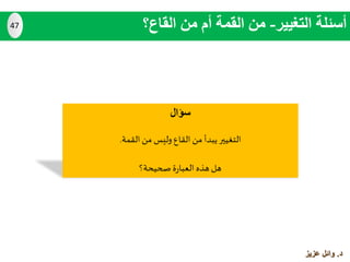 ‫سؤال‬
‫القمة‬ ‫من‬ ‫وليس‬‫القاع‬ ‫من‬ ‫يبدأ‬ ‫التغيير‬.
‫صحيحة؟‬‫ة‬‫ر‬‫العبا‬ ‫هذه‬ ‫هل‬
‫التغيير‬ ‫أسئلة‬-‫القاع؟‬ ‫من‬ ‫أم‬ ‫القمة‬ ‫من‬47
‫د‬.‫عزيز‬ ‫وائل‬
 