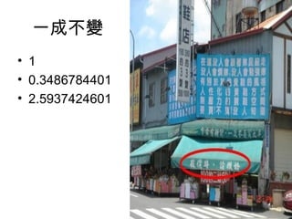 一成不變
• 1
• 0.3486784401
• 2.5937424601
 