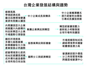 台灣企業發展結構與趨勢
中小企業成長與傳承
創業風氣
帶領經濟成長
靈活因應環境變遷
資源有限難以擴張
中小企業輔導體系
提升經營附加價值
引導成長擴張規模
集團企業興起與轉型
內需擴張型大企業
規模龐大內銷導向
科技新興型大企業
市場趨勢引領發展
轉型經營擴張壓力
創新能力考驗發展
全球市場佈局擴張
服務業興起與新機會
國民所得提高
多樣化服務業種
新興機會吸引力強
產業發展必然趨勢
市場規模限制成長
網路環境帶來機會
軟體價值潛力高
國際分工與經濟轉型
經營環境惡化使然
他地投資擴張規模
成本導向創造優勢
全球佈局仍待加強
營運總部提升價值
分工佈局管理考驗
跨國區域營運中心
 