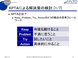  KPTAとは？
 Keep、Problem、Try、Actionの4つの観点の思考フレーム
ワーク
8Copyright (c) 2002-2016 Eiwa System Management, Inc.2016/7/13
KPTAによ...