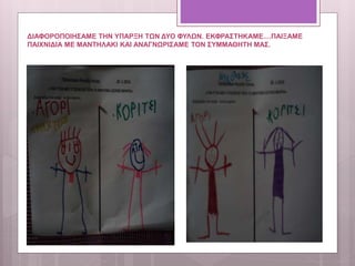 ΔΙΑΦΟΡΟΠΟΙΗΣΑΜΕ ΤΗΝ ΥΠΑΡΞΗ ΤΩΝ ΔΥΟ ΦΥΛΩΝ. ΕΚΦΡΑΣΤΗΚΑΜΕ....ΠΑΙΞΑΜΕ
ΠΑΙΧΝΙΔΙΑ ΜΕ ΜΑΝΤΗΛΑΚΙ ΚΑΙ ΑΝΑΓΝΩΡΙΣΑΜΕ ΤΟΝ ΣΥΜΜΑΘΗΤΗ ΜΑΣ.
 