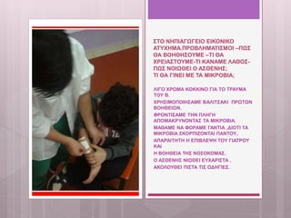 ΣΤΟ ΝΗΠΙΑΓΩΓΕΙΟ ΕΙΚΟΝΙΚΟ
ΑΤΥΧΗΜΑ.ΠΡΟΒΛΗΜΑΤΙΣΜΟΙ –ΠΩΣ
ΘΑ ΒΟΗΘΗΣΟΥΜΕ –ΤΙ ΘΑ
ΧΡΕΙΑΣΤΟΥΜΕ-ΤΙ ΚΑΝΑΜΕ ΛΑΘΟΣ-
ΠΩΣ ΝΟΙΩΘΕΙ Ο ΑΣΘΕΝΗΣ;
ΤΙ ΘΑ ΓΙΝΕΙ ΜΕ ΤΑ ΜΙΚΡΟΒΙΑ;
ΛΙΓΟ ΧΡΩΜΑ ΚΟΚΚΙΝΟ ΓΙΑ ΤΟ ΤΡΑΥΜΑ
ΤΟΥ Β.
ΧΡΗΣΙΜΟΠΟΙΗΣΑΜΕ ΒΑΛΙΤΣΑΚΙ ΠΡΩΤΩΝ
ΒΟΗΘΕΙΩΝ.
ΦΡΟΝΤΙΣΑΜΕ ΤΗΝ ΠΛΗΓΗ
ΑΠΟΜΑΚΡΥΝΟΝΤΑΣ ΤΑ ΜΙΚΡΟΒΙΑ.
ΜΑΘΑΜΕ ΝΑ ΦΟΡΑΜΕ ΓΑΝΤΙΑ ,ΔΙΟΤΙ ΤΑ
ΜΙΚΡΟΒΙΑ ΣΚΟΡΠΙΖΟΝΤΑΙ ΠΑΝΤΟΥ..
ΑΠΑΡΑΙΤΗΤΗ Η ΕΠΙΒΛΕΨΗ ΤΟΥ ΓΙΑΤΡΟΥ
ΚΑΙ
Η ΒΟΗΘΕΙΑ ΤΗΣ ΝΟΣΟΚΟΜΑΣ.
Ο ΑΣΘΕΝΗΣ ΝΙΩΘΕΙ ΕΥΧΑΡΙΣΤΑ .
ΑΚΟΛΟΥΘΕΙ ΠΙΣΤΑ ΤΙΣ ΟΔΗΓΙΕΣ.
 