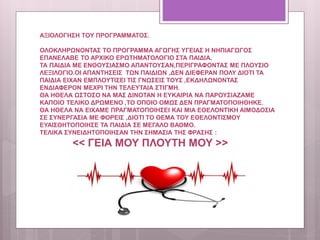 ΑΞΙΟΛΟΓΗΣΗ ΤΟΥ ΠΡΟΓΡΑΜΜΑΤΟΣ.
ΟΛΟΚΛΗΡΩΝΟΝΤΑΣ ΤΟ ΠΡΟΓΡΑΜΜΑ ΑΓΩΓΗΣ ΥΓΕΙΑΣ Η ΝΗΠΙΑΓΩΓΟΣ
ΕΠΑΝΕΛΑΒΕ ΤΟ ΑΡΧΙΚΟ ΕΡΩΤΗΜΑΤΟΛΟΓΙΟ ΣΤΑ ΠΑΙΔΙΑ.
ΤΑ ΠΑΙΔΙΑ ΜΕ ΕΝΘΟΥΣΙΑΣΜΟ ΑΠΑΝΤΟΥΣΑΝ,ΠΕΡΙΓΡΑΦΟΝΤΑΣ ΜΕ ΠΛΟΥΣΙΟ
ΛΕΞΙΛΟΓΙΟ.ΟΙ ΑΠΑΝΤΗΣΕΙΣ ΤΩΝ ΠΑΙΔΙΩΝ ,ΔΕΝ ΔΙΕΦΕΡΑΝ ΠΟΛΥ ΔΙΟΤΙ ΤΑ
ΠΑΙΔΙΑ ΕΙΧΑΝ ΕΜΠΛΟΥΤΙΣΕΙ ΤΙΣ ΓΝΩΣΕΙΣ ΤΟΥΣ ,ΕΚΔΗΛΩΝΟΝΤΑΣ
ΕΝΔΙΑΦΕΡΟΝ ΜΕΧΡΙ ΤΗΝ ΤΕΛΕΥΤΑΙΑ ΣΤΙΓΜΗ.
ΘΑ ΗΘΕΛΑ ΩΣΤΟΣΟ ΝΑ ΜΑΣ ΔΙΝΟΤΑΝ Η ΕΥΚΑΙΡΙΑ ΝΑ ΠΑΡΟΥΣΙΑΖΑΜΕ
ΚΑΠΟΙΟ ΤΕΛΙΚΟ ΔΡΩΜΕΝΟ ,ΤΟ ΟΠΟΙΟ ΟΜΩΣ ΔΕΝ ΠΡΑΓΜΑΤΟΠΟΙΗΘΗΚΕ.
ΘΑ ΗΘΕΛΑ ΝΑ ΕΙΧΑΜΕ ΠΡΑΓΜΑΤΟΠΟΙΗΣΕΙ ΚΑΙ ΜΙΑ ΕΘΕΛΟΝΤΙΚΗ ΑΙΜΟΔΟΣΙΑ
ΣΕ ΣΥΝΕΡΓΑΣΙΑ ΜΕ ΦΟΡΕΙΣ ,ΔΙΟΤΙ ΤΟ ΘΕΜΑ ΤΟΥ ΕΘΕΛΟΝΤΙΣΜΟΥ
ΕΥΑΙΣΘΗΤΟΠΟΙΗΣΕ ΤΑ ΠΑΙΔΙΑ ΣΕ ΜΕΓΑΛΟ ΒΑΘΜΟ.
ΤΕΛΙΚΑ ΣΥΝΕΙΔΗΤΟΠΟΙΗΣΑΝ ΤΗΝ ΣΗΜΑΣΙΑ ΤΗΣ ΦΡΑΣΗΣ :
<< ΓΕΙΑ ΜΟΥ ΠΛΟΥΤΗ ΜΟΥ >>
 