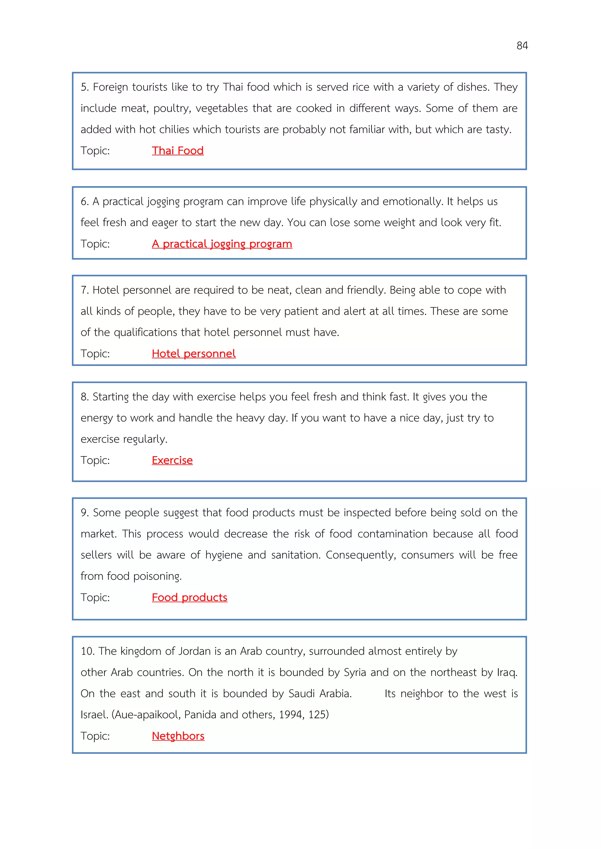 84
10. The kingdom of Jordan is an Arab country, surrounded almost entirely by
other Arab countries. On the north it is bounded by Syria and on the northeast by Iraq.
On the east and south it is bounded by Saudi Arabia. Its neighbor to the west is
Israel. (Aue-apaikool, Panida and others, 1994, 125)
Topic: Netghbors
9. Some people suggest that food products must be inspected before being sold on the
market. This process would decrease the risk of food contamination because all food
sellers will be aware of hygiene and sanitation. Consequently, consumers will be free
from food poisoning.
Topic: Food products
8. Starting the day with exercise helps you feel fresh and think fast. It gives you the
energy to work and handle the heavy day. If you want to have a nice day, just try to
exercise regularly.
Topic: Exercise
7. Hotel personnel are required to be neat, clean and friendly. Being able to cope with
all kinds of people, they have to be very patient and alert at all times. These are some
of the qualifications that hotel personnel must have.
Topic: Hotel personnel
6. A practical jogging program can improve life physically and emotionally. It helps us
feel fresh and eager to start the new day. You can lose some weight and look very fit.
Topic: A practical jogging program
5. Foreign tourists like to try Thai food which is served rice with a variety of dishes. They
include meat, poultry, vegetables that are cooked in different ways. Some of them are
added with hot chilies which tourists are probably not familiar with, but which are tasty.
Topic: Thai Food
 
