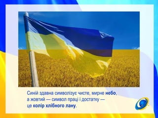Синій здавна символізує чисте, мирне небо,
а жовтий — символ праці і достатку —
це колір хлібного лану.
 