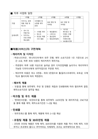 ■ 차후 사업화 일정
1개월 2개월 3개월 4개월 5개월
구분
아두이노 접목
제품 개발 및
테스트
사진촬영 및
쇼핑몰 제작
운영
B2B 영업 및
마케팅
B2C 영업 및
마케팅
~
상세내역
Ÿ 센서 및
부품구입
Ÿ 아두이노
프로그래밍
메뉴얼화
Ÿ 시제품 제작
Ÿ 테스트
Ÿ 완성된 제품
사진 촬용
Ÿ 웨딩플래너
Ÿ 스튜디오
Ÿ 돌상업체
Ÿ 웨딩관련업체
Ÿ ‘대구맘’
배너광고 및
이벤트 진행
Ÿ 관련카페
이벤트진행
Ÿ SNS홍보진행
■제품(서비스)의 구현계획
◦캐리커쳐 및 디자인
-‘하모니디자인’, ‘후니미디어’에서 외주 진행, 제작 소요기간은 1인 기준으로 2시
간 소요, 하루 최대 10명의 캐리커쳐가 제작가능.
- 주문량이 하루 10명 이상으로 늘어날 경우 디자인업체를 늘리거나 캐리커쳐가
가능한 디자이너에게 외주작업으로 주문량 처리.
- 캐리커쳐 비용은 최소 5천원~ 최대 5만원으로 툴(일러스트레이터, 포토샵, 수제
작)과 퀄리티에 따라 책정한다.
◦페브릭 제품
- ‘오필’을 통해 외주제작. 쿠션 및 인형은 재질과 인쇄형태에 따라 협의하여 결정.
제작소요기간은 일주일 예상.
◦아크릴 및 우드 제품
- ‘현대인사인몰’, ‘모던트리’을 통해 외주제작. UV프린팅 및 레이져가공, CNC가공
을 통해 제품 제작, 제작소요기간은 1~2일 예상.
◦인쇄물
- ‘와우프레스’를 통해 제작, 제품에 따라 2~5일 예상
◦프링팅 제품 및 3D프린팅 제품
- 간단한 프린팅 제품은 자체 제작, 3D프린터를 이용한 제품 역시 자체 제작, 다만
쿠키나 초코렛의 몰드나 쿠키커터는 자체제작, 조리는 외주제작으로 한다.
 