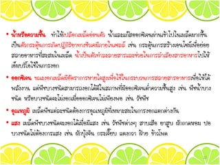 • น้าหรือความชื้น ทาให้เปลือกเมล็ดอ่อนตัว น้าและแก๊สออกซิเจนผ่านเข้าไปในเมล็ดมากขึ้น
เป็นตัวกระตุ้นการเกิดปฏิกิริยาทางชีวเคมีภายในเซลล์ เช่น กระตุ้นการสร้างเอนไซม์เพื่อย่อย
สลายอาหารที่สะสมในเมล็ด น้าเป็นตัวทาละลายสารและช่วยในการลาเลียงสารอาหารไปให้
เอ็มบริโอใช้ในการงอก
• ออกซิเจน ขณะงอกเมล็ดมีอัตราการหายใจสูงเพื่อใช้ในกระบวนการสลายสารอาหารเพื่อให้ได้
พลังงาน แต่พืชบางชนิดสามารถงอกได้ดีในสภาพที่มีออกซิเจนต่าความชื้นสูง เช่น พืชน้าบาง
ชนิด หรือบางชนิดจะไม่งอกเมื่อออกซิเจนไม่เพียงพอ เช่น วัชพืช
• อุณหภูมิ เมล็ดพืชแต่ละชนิดต้องการอุณหภูมิที่เหมาะสมในการงอกแตกต่างกัน
• แสง เมล็ดพืชบางชนิดจะงอกได้เมื่อมีแสง เช่น วัชพืชต่างๆ สาบเสือ ยาสูบ ผักกาดหอม ปอ
บางชนิดไม่ต้องการแสง เช่น ผักบุ้งจีน กระเจี๊ยบ แตงกวา ฝ้าย ข้าวโพด
22
 