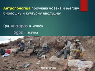 Антропологија проучава човека и његову
биолошку и културну еволуцију
Грч. аntropos = човек
logos = наука
АНТРОПОЛОЗИ
 