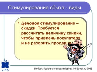 Любовь Крашенинникова missing_link@mail.ru 2005
Стимулирование сбыта - виды
• Ценовое стимулирование –
скидки. Требуется
рассчитать величину скидки,
чтобы привлечь покупателя
и не разорить продавца.
• Ценовое стимулирование –
скидки. Требуется
рассчитать величину скидки,
чтобы привлечь покупателя
и не разорить продавца.
 