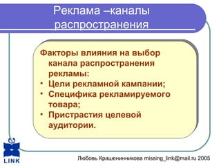 Любовь Крашенинникова missing_link@mail.ru 2005
Реклама –каналы
распространения
Факторы влияния на выбор
канала распространения
рекламы:
• Цели рекламной кампании;
• Специфика рекламируемого
товара;
• Пристрастия целевой
аудитории.
Факторы влияния на выбор
канала распространения
рекламы:
• Цели рекламной кампании;
• Специфика рекламируемого
товара;
• Пристрастия целевой
аудитории.
 