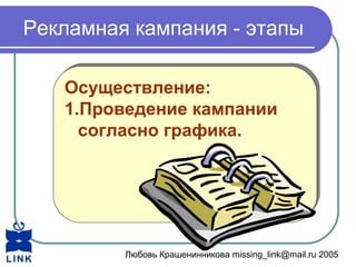 Любовь Крашенинникова missing_link@mail.ru 2005
Рекламная кампания - этапы
Осуществление:
1.Проведение кампании
согласно графика.
Осуществление:
1.Проведение кампании
согласно графика.
 