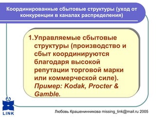Любовь Крашенинникова missing_link@mail.ru 2005
Координированные сбытовые структуры (уход от
конкуренции в каналах распределения)
1.Управляемые сбытовые
структуры (производство и
сбыт координируются
благодаря высокой
репутации торговой марки
или коммерческой силе).
Пример: Kodak, Procter &
Gamble.
1.Управляемые сбытовые
структуры (производство и
сбыт координируются
благодаря высокой
репутации торговой марки
или коммерческой силе).
Пример: Kodak, Procter &
Gamble.
 