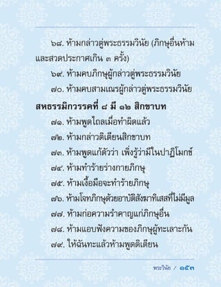  พระวินัย /  153
68. ห้ามกล่าวตู่พระธรรมวินัย (ภิกษุอื่นห้าม
และสวดประกาศเกิน ๓ ครั้ง)
69. ห้ามคบภิกษุผู้กล่าวตู่พระธรรมวินัย
70. ห้ามคบสามเณรผู้กล่าวตู่พระธรรมวินัย
สหธรรมิกวรรคที่ ๘ มี ๑๒ สิกขาบท
71. ห้ามพูดไถลเมื่อท�ำผิดแล้ว
72. ห้ามกล่าวติเตียนสิกขาบท
73. ห้ามพูดแก้ตัวว่า เพิ่งรู้ว่ามีในปาฏิโมกข์
74. ห้ามท�ำร้ายร่างกายภิกษุ
75. ห้ามเงื้อมือจะท�ำร้ายภิกษุ
76. ห้ามโจทภิกษุด้วยอาบัติสังฆาทิเสสที่ไม่มีมูล
77. ห้ามก่อความร�ำคาญแก่ภิกษุอื่น
78. ห้ามแอบฟังความของภิกษุผู้ทะเลาะกัน
79. ให้ฉันทะแล้วห้ามพูดติเตียน
 