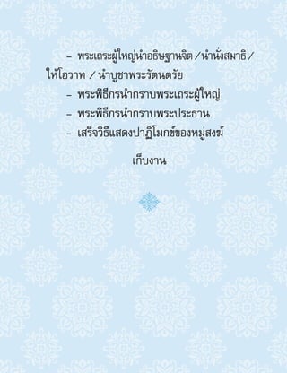 -- พระเถระผู้ใหญ่น�ำอธิษฐานจิต/น�ำนั่งสมาธิ/
ให้โอวาท / น�ำบูชาพระรัตนตรัย
-- พระพิธีกรน�ำกราบพระเถระผู้ใหญ่
-- พระพิธีกรน�ำกราบพระประธาน
-- เสร็จวิธีแสดงปาฏิโมกข์ของหมู่สงฆ์
เก็บงาน
 