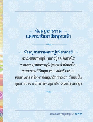 รายนามเจ้าภาพผู้ร่วมบุญ /  237
  น้อมบูชาธรรม 
แด่พระสัมมาสัมพุทธเจ้า
  น้อมบูชาธรรมมหาปูชนียาจารย์ 
พระมงคลเทพมุนี (หลวงปู่สด จันทสโร)
พระเทพญาณมหามุนี (หลวงพ่อธัมมชโย)
พระภาวนาวิริยคุณ (หลวงพ่อทัตตชีโว)
คุณยายอาจารย์มหารัตนอุบาสิกาทองสุก ส�ำแดงปั้น
คุณยายอาจารย์มหารัตนอุบาสิกาจันทร์ ขนนกยูง
 