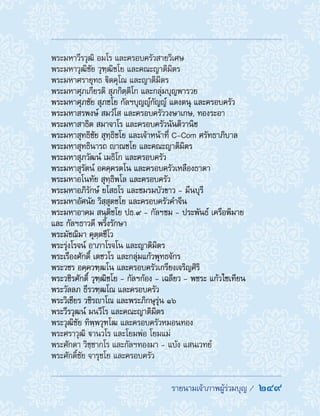 รายนามเจ้าภาพผู้ร่วมบุญ /  249
พระมหาวีรวุฒิ อมโร และครอบครัวสายวิเศษ
พระมหาวุฒิชัย วุฑฺฒิชโย และคณะญาติมิตร
พระมหาศรายุทธ ิตคุโณ และญาติมิตร
พระมหาศุภเกียรติ สุภกิตฺติโก และกลุ่มบุญพารวย
พระมหาศุภชัย สุภชโย กัลฯบุญญ์กัญญ์ แดงตนุ และครอบครัว
พระมหาสรพงษ์ สมวํโส และครอบครัววงษาเกษ, ทองระอา
พระมหาสาธิต สมาจาโร และครอบครัวนันติวานิช
พระมหาสุทธิชัย สุทฺธิชโย และเจ้าหน้าที่ C-Com ศรัทธาภิบาล
พระมหาสุทธินารถ าณชโย และคณะญาติมิตร
พระมหาสุภวัฒน์ เมธิโก และครอบครัว
พระมหาสุรัตน์ อคคฺครตโน และครอบครัวเหลืองธาดา
พระมหาอโนทัย สุทฺธิพโล และครอบครัว
พระมหาอภิรักษ์ ยโสธโร และชมรมบัวขาว - มีนบุรี
พระมหาอัศนัย วิสฺสุตชโย และครอบครัวค�ำจีน
พระมหาอาคม สนฺติชโย ปธ.9 - กัลฯชม - ประพันธ์ เครือพิมาย
และ กัลฯธาวดี พริ้งรักษา
พระมัชฌิมา คุตฺตชีโว
พระรุ่งโรจน์ อาภาโรจโน และญาติมิตร
พระเรืองศักดิ์ เตชวโร และกลุ่มแก้วพุทธจักร
พระวชร อคฺควฑฺฒโน และครอบครัวเกรียงเจริญศิริ
พระวชิรศักดิ์ วุฑฺฒิชโย - กัลฯก้อง - เฉลียว - พชระ แก้วไซเทียน
พระวัลลภ ธีรวฑฺฒโณ และครอบครัว
พระวิเชียร วชิราโณ และพระภิกษุรุ่น ๑๖
พระวีรวุฒน์ มนวีโร และคณะญาติมิตร
พระวุฒิชัย ทิพฺพวุฑโฒ และครอบครัวหมอนทอง
พระศราวุฒิ านวโร และโยมพ่อ โยมแม่
พระศักดา วิชฺชากโร และกัลฯทองมา - แบ้ง แสนเวทย์
พระศักดิ์ชัย จารุชโย และครอบครัว
 