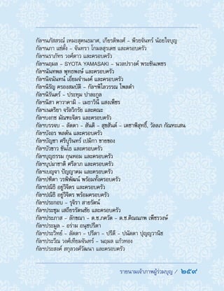 รายนามเจ้าภาพผู้ร่วมบุญ /  259
กัลฯนภัสสรณ์ เหมะสุคนธมาศ, เกียรติพงศ์ - พีรยจันทร์ น้อยใจบุญ
กัลฯนภา แซ่ตั้ง - จันทรา โกมลสุรเดช และครอบครัว
กัลฯนราภัทร วงศ์ดาว และครอบครัว
กัลฯนฤมล - SYOTA YAMASAKI - นวลปรางค์ พระขันเพชร
กัลฯนันทพล พุทธพงษ์ และครอบครัว
กัลฯนิจนันทน์ เอี่ยมจ�ำนงค์ และครอบครัว
กัลฯนิรัญ ครองสมบัติ - กัลฯพิไลวรรณ ไพลด�ำ
กัลฯนิรันดร์ - ประทุม ปาละกูล
กัลฯนิสา คาวาคามิ - เมธาวินี แสงเพ็ชร
กัลฯเนตริยา จรัลวิกรัย และคณะ
กัลฯบงกช มัณฑะจิตร และครอบครัว
กัลฯบรรจบ - ลัดดา - สันติ - สุขสันต์ - เตชาพิสุทธิ์, วัลลภ กัณหะเสน
กัลฯบังอร พลต้น และครอบครัว
กัลฯบัญชา ศรีบุรินทร์ เปมิกา ขายของ
กัลฯบัวขาว ขันโธ และครอบครัว
กัลฯบุญธรรม กุนหอม และครอบครัว
กัลฯบุปผาชาติ ศรีลาภ และครอบครัว
กัลฯเบญจา ปัญญาคม และครอบครัว
กัลฯปฑิตา วรพิพัฒน์ พร้อมทั้งครอบครัว
กัลฯปณิธิ อยู่วิจิตร และครอบครัว
กัลฯปณิธิ อยู่วิจิตร พร้อมครอบครัว
กัลฯประกอบ - รุจิรา สายรัตน์
กัลฯประชุม เสถียรรัตนชัย และครอบครัว
กัลฯประภาส - ลักขณา - ด.ช.ภควัต - ด.ช.ติณณภพ เพ็ชรวงษ์
กัลฯประมูล - อร่าม อนุชปรีดา
กัลฯประวิทย์ - ลัดดา - ปรีดา - ปรีดี - ปนัดดา ปุญญวานิช
กัลฯประวีณ วงศ์เทียมจันทร์ - นฤมล แก้วทอง
กัลฯประสงค์ สกุลวงศ์วัฒนา และครอบครัว
 