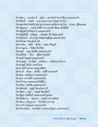 รายนามเจ้าภาพผู้ร่วมบุญ /  261
กัลฯพิศวง - ทองอินทร์ - สุทิน - สุฑาทิพย์ จันทร์เพ็ญ และครอบครัว
กัลฯพิสิทธิ์ - ภัคชลี - ด.ญ.ธรรมาภรณ์ อังค์สุธาสาวิทย์
กัลฯเพชรรัตน์ ตันตินิรามัย บูชาธรรมมหาปูชนียาจารย์,บิดา - มารดา, ผู้มีพระคุณ
กัลฯเพ็ญนภา - ธชภัค ปิยจิรกาล และกัลฯสัตชม ตั้งนิธิชัย
กัลฯเพ็ญศรี ริมวิทยากร และครอบครัว
กัลฯเพิ่มศักดิ์ - อรัญญา - ฉัตรชุดา ชีวาวัฒนานนท์
กัลฯไพโรจน์ - ดร.จารุณี ตันติเวชวุฒิกุล และครอบครัว
กัลฯภัทรพร รัตนนันทวาที
กัลฯภาคิน - นลินี - ฟ้าใส - ปพณ หิรัญศรี
กัลฯภาณุภณ - ปิยจิต ชิวปรีชา
กัลฯมยุรี - จรูญ จิตต์ถือ และครอบครัว
กัลฯมลิวัลย์ - วชิระ - ชุลีพร ช่วงรังษี
กัลฯมะลิ วิคลุนด์ และครอบครัว
กัลฯมาณพ - วรารัตน์ - มหัทธนา - มหัทธน เค้ามาก
กัลฯมายูมิ โมริน่า คาตะโอกะ
กัลฯมารศรี อุสาหะ และญาติมิตร
กัลฯมาลี - ชะลอ - อัคธัช - อรศิริ ชวนะพงศ์
กัลฯยุพา รอดอินทร์ และครอบครัว
กัลฯยุภา มาซาฮีโร่ และครอบครัว
กัลฯรวิวรรณ และครอบครัวมีช้าง
กัลฯรวิสรา บัณฑิต และครอบครัว
กัลฯรังสรรค์ - บุญมี รัตนนันทวาที
กัลฯรัชดา - นฎา - นรุตม์ นิยมศิลป์
กัลฯรัฐกร เกิดศิลป์ และครอบครัวทุกคน
กัลฯรัตติยากร - พ่อนาย - แม่สังวาลย์ สุขจิตต์
กัลฯรัตนา ปริญญาตร - วิลาวัลย์ มหาเกตุ
กัลฯราตรี เอิทลุนด์ และครอบครัว
กัลฯรินทร์ธนัน - อินท์ชลิตา คงประเสริฐกุล และครอบครัว
 