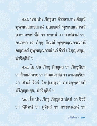  ปาจิตฺติยา /  73
58. นวมฺปน ภิกฺขุนา จีวรลาเภน ติณฺณํ
ทุพฺพณฺณกรณานํ อญฺตรํ ทุพฺพณฺณกรณํ
อาทาตพฺพํ นีลํ วา กทฺทมํ วา กาฬสามํ วา,
อนาทา เจ ภิกฺขุ ติณฺณํ ทุพฺพณฺณกรณานํ
อญฺตรํ ทุพฺพณฺณกรณํ นวํ จีวรํ ปริภุญฺเชยฺย,
ปาจิตฺติยํ ฯ
59. โย ปน ภิกฺขุ ภิกฺขุสฺส วา ภิกฺขุนิยา
วา สิกฺขมานาย วา สามเณรสฺส วา สามเณริยา
วา สามํ จีวรํ วิกปฺเปตฺวา อปจฺจุทฺธารกํ
ปริภุญฺเชยฺย, ปาจิตฺติยํ ฯ
60. โย ปน ภิกฺขุ ภิกฺขุสฺส ปตฺตํ วา จีวรํ
วา นิสีทนํ วา สูจิฆรํ วา กายพนฺธนํ วา
 
