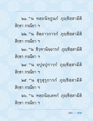  เสขิยา /  99
21. “น หตฺถนิทฺธูนกํ ภุญฺชิสฺสามีติ
สิกฺขา กรณียา ฯ
22. “น สิตฺถาวการกํ ภุญฺชิสฺสามีติ
สิกฺขา กรณียา ฯ
23. “น ชิวฺหานิจฺฉารกํ ภุญฺชิสฺสามีติ
สิกฺขา กรณียา ฯ
24. “น จปุจปุการกํ ภุญฺชิสฺสามีติ
สิกฺขา กรณียา ฯ
25. “น สุรุสุรุการกํ ภุญฺชิสฺสามีติ
สิกฺขา กรณียา ฯ
26. “น หตฺถนิลฺเลหกํ ภุญฺชิสฺสามีติ
สิกฺขา กรณียา ฯ
 