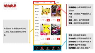 首頁 : 回到首頁主畫面
所有商品 : 詳列所有商品分類
最新揭曉 : 詳列奪寶中獎名單
購物車 : 暫存奪寶商品
我的奪寶 : 個人頁面, 需登入
所有商品
商品列表, 左手邊的導覽列可
以收起, 或是點選其他分類專
區
即將揭曉 : 快要滿額開獎的商
品列表
人氣 : 目前最多人奪寶的商品
列表
最新 : 最新上架的商品列表
直購 : 最新可直購商品列表
 