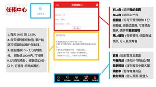 任務中心 右上角 : 返回我的奪寶
左上角 : 返回上一頁
經驗值 : 可每天簽到增加 1 分
經驗值, 經驗值越高, 可獲積分
越多, 請詳閱簽到說明
馬上簽到 : 天天簽到, 領取商城
積分, 可以直接奪寶
1. 每天 00:01 到 23:59。
2. 每天簽到獲經驗值, 累計越
高可領取商城績分就越多。
3. 簽到獲得0.5～1元商城積
分。 經驗值100分內, 可獲得
0.5元商城積分。經驗值100分
以上, 可獲得1元商城積分。
首頁 : 回到首頁主畫面
所有商品 : 詳列所有商品分類
最新揭曉 : 詳列奪寶中獎名單
購物車 : 暫存奪寶商品
我的奪寶 : 個人頁面, 需登入
 