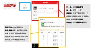 邀請好友 右上角 : 返回我的奪寶
左上角 : 返回上一頁
經驗值 : 可每天簽到增加 1 分
經驗值, 經驗值越高, 可獲積分
越多, 請詳閱簽到說明
去充值 : 回到餘額充值頁面
邀請好友 : Line 推廣連結
參與會員 : 百仕通的第一代直
推家人, 當有充值時會看到充
值額度, 且可領取 5%-20% 不等
的佣金, 詳列在佣金明細內
 