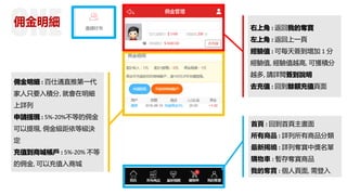 佣金明細 右上角 : 返回我的奪寶
左上角 : 返回上一頁
經驗值 : 可每天簽到增加 1 分
經驗值, 經驗值越高, 可獲積分
越多, 請詳閱簽到說明
去充值 : 回到餘額充值頁面
佣金明細 : 百仕通直推第一代
家人只要入積分, 就會在明細
上詳列
申請提現 : 5%-20%不等的佣金
可以提現, 佣金級距依等級決
定
充值到商城帳戶 : 5%-20% 不等
的佣金, 可以充值入商城
首頁 : 回到首頁主畫面
所有商品 : 詳列所有商品分類
最新揭曉 : 詳列奪寶中獎名單
購物車 : 暫存奪寶商品
我的奪寶 : 個人頁面, 需登入
 