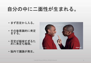自分の中に二面性が生まれる。
• まず否定から入る。
• その後意識的に肯定
をする。
• 否定が極端すぎるた
めに肯定も極端。
• 脳内で議論が発生。
Copyright ©2014 KUMOism All Rights Reserved. 5
 
