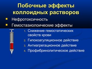 Побочные эффектыПобочные эффекты
коллоидных растворовколлоидных растворов
 НефротоксичностьНефротоксичность
 Гемостазиолоические эффектыГемостазиолоические эффекты
1. Снижение гемостатических
свойств крови
2. Гипокоагуляционное действие
3. Антиагрегационное действие
4. Профибринолитическое действие
 