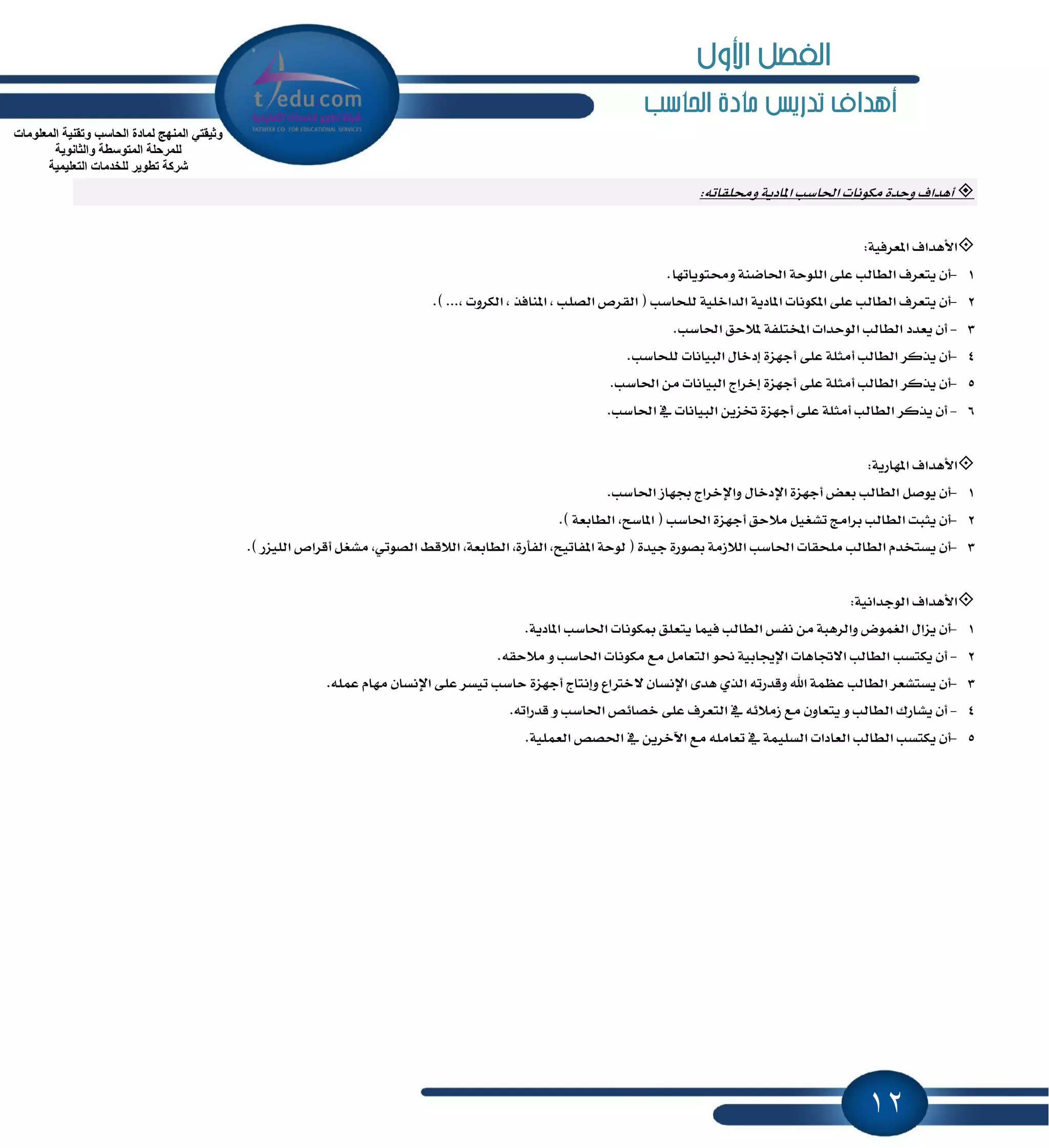 12
‫احلاسب‬ ‫مادة‬ ‫تدريص‬ ‫أهداف‬
‫أٖساف‬٠‫ٚسس‬‫َهْٛات‬‫اؿاغب‬١ٜ‫إاز‬٘‫ٚقًكات‬:
‫ا٭ٖساف‬١ٝ‫إعطؾ‬:
1-ٕ‫أ‬‫ٜتعطف‬‫ايطايب‬٢ً‫ع‬١‫ايًٛس‬١ٓ‫اؿان‬‫ٚقتٜٛاتٗا‬.
2-ٕ‫أ‬‫ٜتعطف‬‫ايطايب‬٢ً‫ع‬‫إهْٛات‬١ٜ‫إاز‬‫ا‬١ًٝ‫يساخ‬‫يًشاغب‬(‫ايكطم‬‫ايكًب‬,‫إٓاؾص‬,‫ايهطٚت‬,.) ...
3-ٕ‫أ‬‫ٜعسز‬‫ايطايب‬‫ايٛسسات‬١‫إدتًؿ‬‫ٕ٬سل‬‫اؿاغب‬.
4-ٕ‫أ‬‫ٜصنط‬‫ايطايب‬١ً‫أَج‬٢ً‫ع‬٠‫أدٗع‬ٍ‫إزخا‬‫ايبٝاْات‬‫يًشاغب‬.
5-ٕ‫أ‬‫ٜصنط‬‫ايطايب‬١ً‫أَج‬٢ً‫ع‬٠‫أدٗع‬‫إخطاز‬‫ايبٝاْات‬َٔ‫اؿاغب‬.
6-ٕ‫أ‬‫ٜصنط‬‫ايطايب‬١ً‫أَج‬٢ً‫ع‬٠‫أدٗع‬‫ؽ‬ٜٔ‫ع‬‫ايبٝاْات‬ٗ‫اؿاغب‬.
‫ا٭ٖساف‬١ٜ‫إٗاض‬:
1-ٕ‫أ‬ٌ‫ٜٛق‬‫ايطايب‬‫بعض‬٠‫أدٗع‬ٍ‫اٱزخا‬‫ٚاٱخطاز‬‫ظٗاظ‬‫اؿاغب‬.
2-ٕ‫أ‬‫ٜجبت‬‫ايطايب‬‫بطاَر‬ٌٝ‫تؿػ‬‫َ٬سل‬٠‫أدٗع‬‫اؿاغب‬(,‫إاغح‬١‫ايطابع‬.)
3-ٕ‫أ‬ّ‫ٜػتدس‬‫ايطايب‬‫ًَشكات‬‫اؿاغب‬١َ‫اي٬ظ‬٠‫بكٛض‬٠‫دٝس‬(١‫يٛس‬,‫إؿاتٝح‬,٠‫ايؿأض‬١‫ايطابع‬,٘‫اي٬ق‬,ٞ‫ايكٛت‬ٌ‫َؿػ‬‫أقطام‬‫ايًٝعض‬.)
‫ا٭ٖساف‬١ْٝ‫ايٛدسا‬:
1-ٕ‫أ‬ٍ‫ٜعا‬‫ايػُٛض‬١‫ٚايطٖب‬َٔ‫ْؿؼ‬‫ايطايب‬‫ؾُٝا‬‫ٜتعًل‬‫َهْٛات‬‫اؿاغب‬١ٜ‫إاز‬.
2-ٕ‫أ‬‫ٜهتػب‬‫ايطايب‬‫ا٫ػاٖات‬١ٝ‫اٱهاب‬ٛ‫م‬ٌَ‫ايتعا‬‫َع‬‫َهْٛات‬‫اؿاغب‬ٚ٘‫َ٬سك‬.
3-ٕ‫أ‬‫ٜػتؿعط‬‫ايطايب‬١ُٛ‫ع‬‫اهلل‬٘‫ٚقسضت‬ٟ‫ايص‬٣‫ٖس‬ٕ‫اٱْػا‬‫٫خذلاع‬‫ٚإْتاز‬٠‫أدٗع‬‫ساغب‬‫تٝػط‬٢ً‫ع‬ٕ‫اٱْػا‬ّ‫َٗا‬ًُ٘‫ع‬.
4-ٕ‫أ‬‫ٜؿاضى‬‫ايطايب‬ٕٚٚ‫ٜتعا‬‫َع‬٘٥٬َ‫ظ‬ٗ‫ايتعطف‬٢ً‫ع‬‫اؿاغب‬ ‫خكا٥ل‬ٚ٘‫قسضات‬.
5-ٕ‫أ‬‫ٜهتػب‬‫ايطايب‬‫ايعازات‬١ًُٝ‫ايػ‬ًَٗ٘‫تعا‬‫َع‬ٜٔ‫اٯخط‬ٗ‫اؿكل‬١ًُٝ‫ايع‬.
‫اٌّعٍِٛاخ‬ ‫ٚذمٕ١ح‬ ‫اٌحاعة‬ ‫ٌّادج‬ ‫إٌّٙج‬ ٟ‫ٚث١مر‬
‫ٚاٌثأٛ٠ح‬ ‫اٌّرٛعطح‬ ‫ٌٍّشحٍح‬
ٌٍ ‫ذطٛ٠ش‬ ‫ششوح‬‫اٌرعٍ١ّ١ح‬ ‫خذِاخ‬
‫األول‬ ‫الفصل‬
 