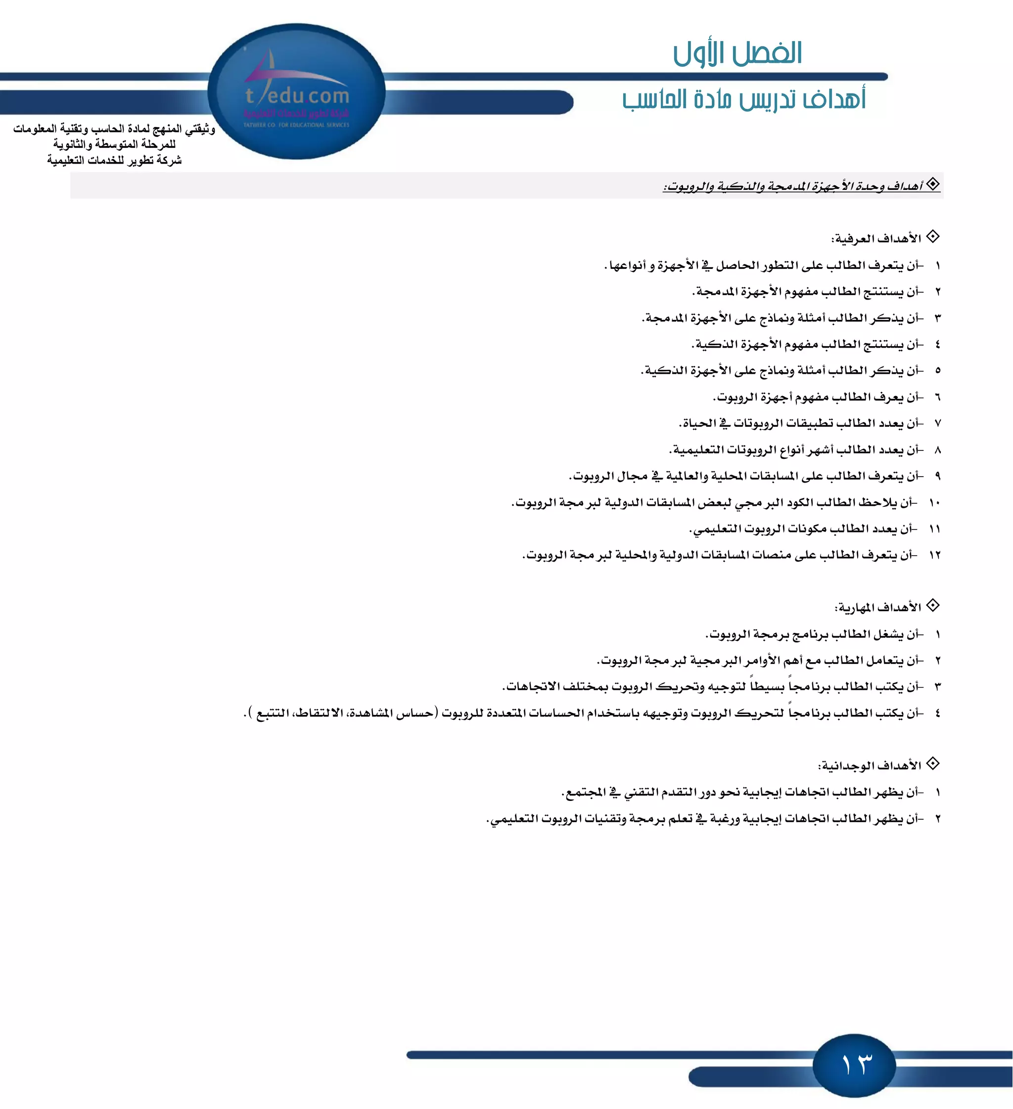13
‫ا‬ ‫مادة‬ ‫تدريص‬ ‫أهداف‬‫حلاسب‬
‫أٖساف‬٠‫ٚسس‬٠‫ا٭دٗع‬١‫إسف‬١ٝ‫ٚايصن‬‫ٚايطٚبٛت‬:
‫ا٭ٖساف‬١ٝ‫ايعطؾ‬:
1-ٕ‫أ‬‫ٜتعطف‬‫ايطايب‬٢ً‫ع‬‫ايتطٛض‬ٌ‫اؿاق‬ٗ٠‫ا٭دٗع‬ٚ‫أْٛاعٗا‬.
2-ٕ‫أ‬‫ٜػتٓتر‬‫ايطايب‬ّٛٗ‫َؿ‬٠‫ا٭دٗع‬١‫إسف‬.
3-ٕ‫أ‬‫ٜصنط‬‫ايطايب‬١ً‫أَج‬‫ِٚاشز‬٢ً‫ع‬٠‫ا٭دٗع‬١‫إسف‬.
4-ٕ‫أ‬‫ٜػتٓتر‬‫ايطايب‬ّٛٗ‫َؿ‬ٗ‫ا٭د‬٠‫ع‬١ٝ‫ايصن‬.
5-ٕ‫أ‬‫ٜصنط‬‫ايطايب‬١ً‫أَج‬‫ِٚاشز‬٢ً‫ع‬٠‫ا٭دٗع‬١ٝ‫ايصن‬.
6-ٕ‫أ‬‫ٜعطف‬‫ايطايب‬ّٛٗ‫َؿ‬٠‫أدٗع‬‫ايطٚبٛت‬.
7-ٕ‫أ‬‫ٜعسز‬‫ايطايب‬‫تطبٝكات‬‫ايطٚبٛتات‬ٗ٠‫اؿٝا‬.
8-ٕ‫أ‬‫ٜعسز‬‫ايطايب‬‫أؾٗط‬‫أْٛاع‬‫ايطٚبٛتات‬١ًُٝٝ‫ايتع‬.
9-ٕ‫أ‬‫ٜتعطف‬‫ايطايب‬٢ً‫ع‬‫إػابكات‬١ًٝ‫احمل‬١ٕٝ‫ٚايعا‬ٍٗ‫فا‬ٚ‫ايط‬‫بٛت‬.
10-ٕ‫أ‬ٜ‫ٜ٬س‬‫ايطايب‬‫ايهٛز‬ٞ‫ايدلف‬‫يبعض‬‫إػابكات‬١ٝ‫ايسٚي‬١‫يدلف‬‫ايطٚبٛت‬.
11-ٕ‫أ‬‫ٜعسز‬‫ايطايب‬‫َهْٛات‬‫ايطٚبٛت‬ًُٞٝ‫ايتع‬.
12-ٕ‫أ‬‫ٜتعطف‬‫ايطايب‬٢ً‫ع‬‫َٓكات‬‫إػابكات‬١ٝ‫ايسٚي‬١ًٝ‫ٚاحمل‬١‫يدلف‬‫ايطٚبٛت‬.
‫ا٭ٖساف‬١ٜ‫إٗاض‬:
1-ٕ‫أ‬ٌ‫ٜؿػ‬‫ايطايب‬‫بطْاَر‬١‫بطف‬‫ايطٚبٛت‬.
2-ٕ‫أ‬ٌَ‫ٜتعا‬‫ايطايب‬‫َع‬ِٖ‫أ‬‫ا٭ٚاَط‬١ٝ‫ايدلف‬١‫يدلف‬‫ايطٚبٛت‬.
3-ٕ‫أ‬‫ٜهتب‬‫ايطايب‬ً‫ا‬‫بطْاف‬ً‫ا‬‫بػٝط‬٘ٝ‫يتٛد‬‫ٚؼطٜو‬‫ايطٚبٛت‬‫َدتًـ‬‫ا٫ػاٖات‬.
4-ٕ‫أ‬‫ٜهتب‬‫ايطايب‬ً‫ا‬‫بطْاف‬‫يتشطٜو‬‫ايطٚبٛت‬٘ٗٝ‫ٚتٛد‬ّ‫باغتدسا‬‫اؿػاغات‬٠‫إتعسز‬‫يًطٚبٛت‬(‫سػاؽ‬,٠‫إؿاٖس‬,ٙ‫ا٫يتكا‬‫ايتتبع‬.)
‫ا٭ٖس‬‫اف‬١ْٝ‫ايٛدسا‬:
1-.‫اجملتُع‬ ٗ ‫ايتكين‬ ّ‫ايتكس‬ ‫زٚض‬ ٛ‫م‬ ١ٝ‫إهاب‬ ‫اػاٖات‬ ‫ايطايب‬ ‫ٜٛٗط‬ ٕ‫أ‬
2-.ًُٞٝ‫ايتع‬ ‫ايطٚبٛت‬ ‫ٚتكٓٝات‬ ١‫بطف‬ ًِ‫تع‬ ٗ ١‫ٚضغب‬ ١ٝ‫إهاب‬ ‫اػاٖات‬ ‫ايطايب‬ ‫ٜٛٗط‬ ٕ‫أ‬
‫اٌّعٍِٛاخ‬ ‫ٚذمٕ١ح‬ ‫اٌحاعة‬ ‫ٌّادج‬ ‫إٌّٙج‬ ٟ‫ٚث١مر‬
‫ٚاٌثأٛ٠ح‬ ‫اٌّرٛعطح‬ ‫ٌٍّشحٍح‬
‫اٌرعٍ١ّ١ح‬ ‫ٌٍخذِاخ‬ ‫ذطٛ٠ش‬ ‫ششوح‬
‫األول‬ ‫الفصل‬
 