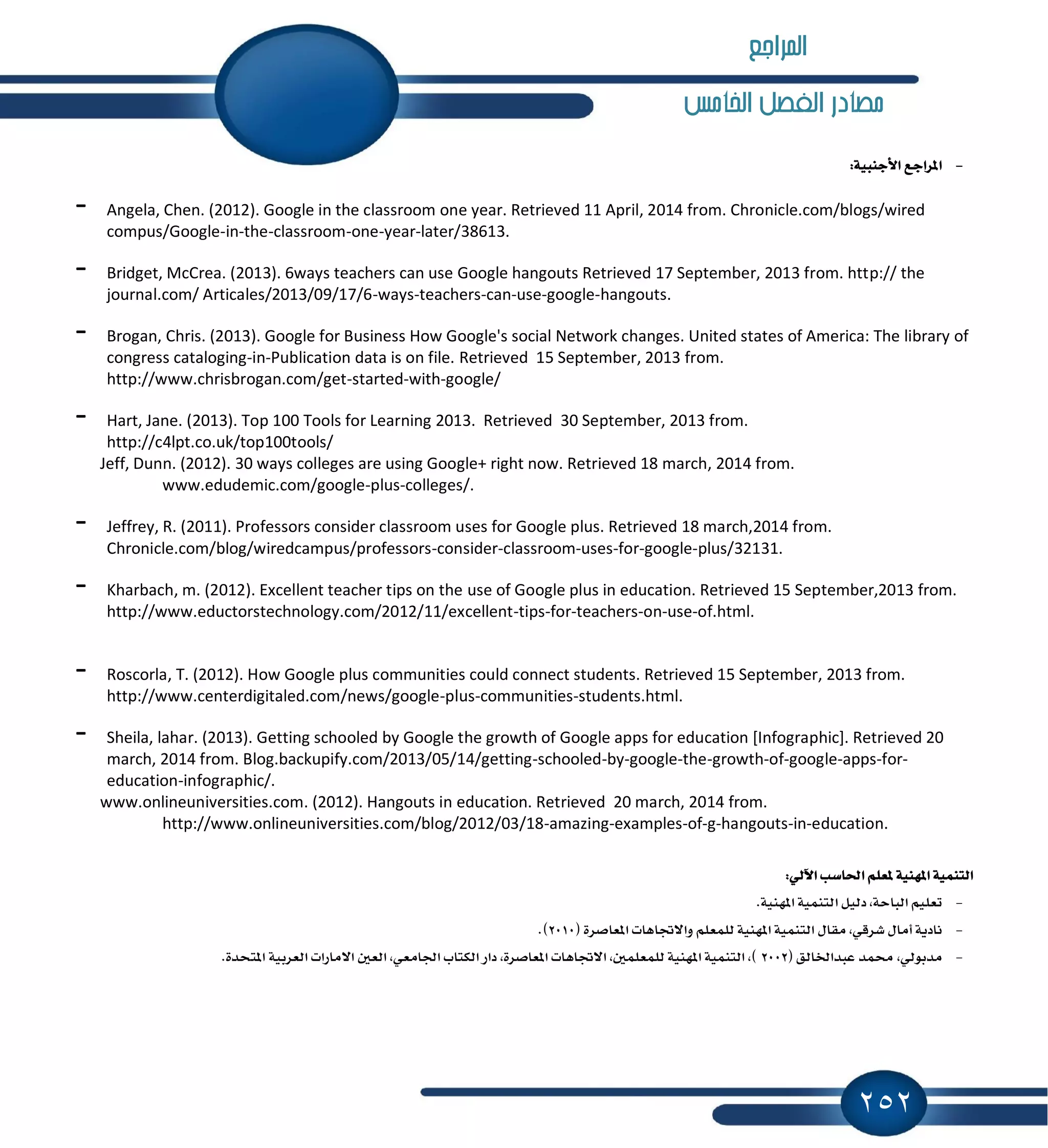 252
‫اخلامص‬ ‫الفصل‬ ‫مصادر‬
-:١ٝ‫ا٭دٓب‬ ‫إطادع‬
- Angela, Chen. (2012). Google in the classroom one year. Retrieved 11 April, 2014 from. Chronicle.com/blogs/wired
compus/Google-in-the-classroom-one-year-later/38613.
- Bridget, McCrea. (2013). 6ways teachers can use Google hangouts Retrieved 17 September, 2013 from. http:// the
journal.com/ Articales/2013/09/17/6-ways-teachers-can-use-google-hangouts.
- Brogan, Chris. (2013). Google for Business How Google's social Network changes. United states of America: The library of
congress cataloging-in-Publication data is on file. Retrieved 15 September, 2013 from.
http://www.chrisbrogan.com/get-started-with-google/
- Hart, Jane. (2013). Top 100 Tools for Learning 2013. Retrieved 30 September, 2013 from.
http://c4lpt.co.uk/top100tools/
Jeff, Dunn. (2012). 30 ways colleges are using Google+ right now. Retrieved 18 march, 2014 from.
www.edudemic.com/google-plus-colleges/.
- Jeffrey, R. (2011). Professors consider classroom uses for Google plus. Retrieved 18 march,2014 from.
Chronicle.com/blog/wiredcampus/professors-consider-classroom-uses-for-google-plus/32131.
- Kharbach, m. (2012). Excellent teacher tips on the use of Google plus in education. Retrieved 15 September,2013 from.
http://www.eductorstechnology.com/2012/11/excellent-tips-for-teachers-on-use-of.html.
- Roscorla, T. (2012). How Google plus communities could connect students. Retrieved 15 September, 2013 from.
http://www.centerdigitaled.com/news/google-plus-communities-students.html.
- Sheila, lahar. (2013). Getting schooled by Google the growth of Google apps for education [Infographic]. Retrieved 20
march, 2014 from. Blog.backupify.com/2013/05/14/getting-schooled-by-google-the-growth-of-google-apps-for-
education-infographic/.
www.onlineuniversities.com. (2012). Hangouts in education. Retrieved 20 march, 2014 from.
http://www.onlineuniversities.com/blog/2012/03/18-amazing-examples-of-g-hangouts-in-education.
:ٞ‫اٯي‬ ‫اؿاغب‬ ًِ‫ٕع‬ ١ٕٝٓٗ‫ا‬ ١ُٝٓ‫ايت‬
-.١ٕٝٓٗ‫ا‬ ١ُٝٓ‫ايت‬ ٌٝ‫زي‬ ,١‫ايباس‬ ًِٝ‫تع‬
-ٞ‫ؾطق‬ ٍ‫أَا‬ ١ٜ‫ْاز‬,ٍ‫َكا‬٠‫إعاقط‬ ‫ٚا٫ػاٖات‬ ًِ‫يًُع‬ ١ٕٝٓٗ‫ا‬ ١ُٝٓ‫ايت‬(2010.)
-‫قُس‬ ,ٞ‫َسبٛي‬( ‫عبساـايل‬2002.٠‫إتشس‬ ١ٝ‫ايعطب‬ ‫ا٫َاضات‬ ٌ‫ايع‬ ,ٞ‫اؾاَع‬ ‫ايهتاب‬ ‫زاض‬ ,٠‫إعاقط‬ ‫ا٫ػاٖات‬ ,ًٌُ‫يًُع‬ ١ٕٝٓٗ‫ا‬ ١ُٝٓ‫ايت‬ ,)
‫املراجع‬
 
