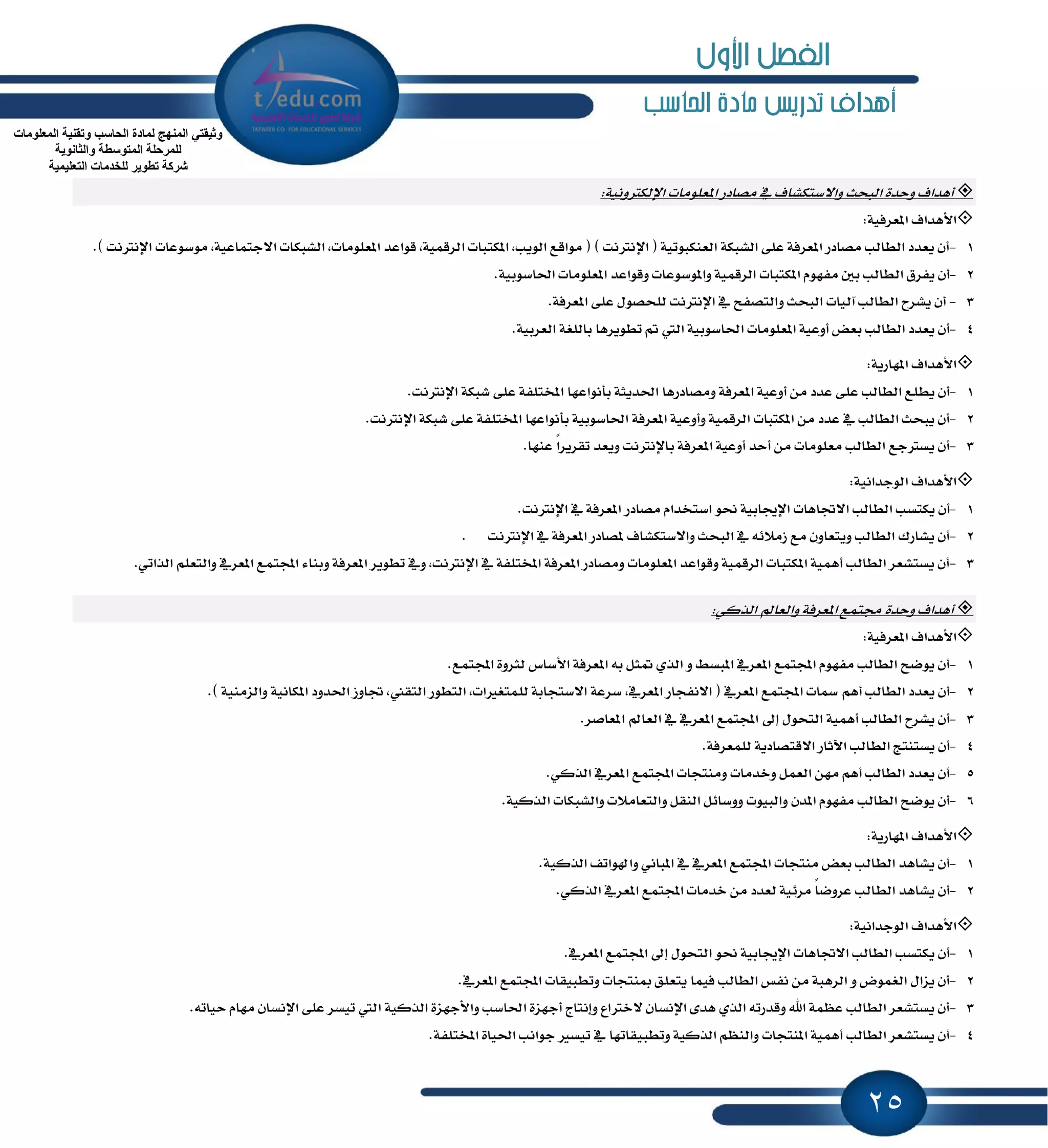 25
‫احلاسب‬ ‫مادة‬ ‫تدريص‬ ‫أهداف‬
‫أٖساف‬٠‫ٚسس‬ٕ‫ا‬ ‫َكازض‬ ٗ ‫ٚا٫غتهؿاف‬ ‫ايبشح‬١ْٝٚ‫اٱيهذل‬ ‫عًَٛات‬:
‫ا٭ٖساف‬١ٝ‫إعطؾ‬:
1-٫‫ا‬ ‫ايؿبهات‬ ,‫إعًَٛات‬ ‫قٛاعس‬ ,١ُٝ‫ايطق‬ ‫إهتبات‬ ,‫ايٜٛب‬ ‫َٛاقع‬ ( ) ‫اٱْذلْت‬ ( ١ٝ‫ايعٓهبٛت‬ ١‫ايؿبه‬ ٢ً‫ع‬ ١‫إعطؾ‬ ‫َكازض‬ ‫ايطايب‬ ‫ٜعسز‬ ٕ‫أ‬.) ‫اٱْذلْت‬ ‫َٛغٛعات‬ ,١ٝ‫دتُاع‬
2-‫ٚقٛاعس‬ ‫ٚإٛغٛعات‬ ١ُٝ‫ايطق‬ ‫إهتبات‬ ّٛٗ‫َؿ‬ ٌ‫ب‬ ‫ايطايب‬ ‫ٜؿطم‬ ٕ‫أ‬.١ٝ‫اؿاغٛب‬ ‫إعًَٛات‬
3-.١‫إعطؾ‬ ٢ً‫ع‬ ٍٛ‫يًشك‬ ‫اٱْذلْت‬ ٗ ‫ٚايتكؿح‬ ‫ايبشح‬ ‫آيٝات‬ ‫ايطايب‬ ‫ٜؿطح‬ ٕ‫أ‬
4-.١ٝ‫ايعطب‬ ١‫بايًػ‬ ‫تطٜٛطٖا‬ ‫مت‬ ‫اييت‬ ١ٝ‫اؿاغٛب‬ ‫إعًَٛات‬ ١ٝ‫أٚع‬ ‫بعض‬ ‫ايطايب‬ ‫ٜعسز‬ ٕ‫أ‬
‫ا٭ٖساف‬١ٜ‫إٗاض‬:
1-‫بأْٛاع‬ ١‫اؿسٜج‬ ‫َٚكازضٖا‬ ١‫إعطؾ‬ ١ٝ‫أٚع‬ َٔ ‫عسز‬ ٢ً‫ع‬ ‫ايطايب‬ ‫ٜطًع‬ ٕ‫أ‬.‫اٱْذلْت‬ ١‫ؾبه‬ ٢ً‫ع‬ ١‫إدتًؿ‬ ‫ٗا‬
2-.‫اٱْذلْت‬ ١‫ؾبه‬ ٢ً‫ع‬ ١‫إدتًؿ‬ ‫بأْٛاعٗا‬ ١ٝ‫اؿاغٛب‬ ١‫إعطؾ‬ ١ٝ‫ٚأٚع‬ ١ُٝ‫ايطق‬ ‫إهتبات‬ َٔ ‫عسز‬ ٗ ‫ايطايب‬ ‫ٜبشح‬ ٕ‫أ‬
3-.‫عٓٗا‬ ً‫ا‬‫تكطٜط‬ ‫ٜٚعس‬ ‫باٱْذلْت‬ ١‫إعطؾ‬ ١ٝ‫أٚع‬ ‫أسس‬ َٔ ‫َعًَٛات‬ ‫ايطايب‬ ‫ٜػذلدع‬ ٕ‫أ‬
‫ا٭ٖساف‬١ْٝ‫ايٛدسا‬:
1-٫‫ا‬ ‫ايطايب‬ ‫ٜهتػب‬ ٕ‫أ‬.‫اٱْذلْت‬ ٗ ١‫إعطؾ‬ ‫َكازض‬ ّ‫اغتدسا‬ ٛ‫م‬ ١ٝ‫اٱهاب‬ ‫ػاٖات‬
2-‫اٱْذلْت‬ ٗ ١‫إعطؾ‬ ‫ٕكازض‬ ‫ٚا٫غتهؿاف‬ ‫ايبشح‬ ٗ ٘٥٬َ‫ظ‬ ‫َع‬ ٕٚ‫ٜٚتعا‬ ‫ايطايب‬ ‫ٜؿاضى‬ ٕ‫أ‬.
3-ٚ ١‫إعطؾ‬ ‫تطٜٛط‬ ٗٚ ,‫اٱْذلْت‬ ٗ ١‫إدتًؿ‬ ١‫إعطؾ‬ ‫َٚكازض‬ ‫إعًَٛات‬ ‫ٚقٛاعس‬ ١ُٝ‫ايطق‬ ‫إهتبات‬ ١ُٖٝ‫أ‬ ‫ايطايب‬ ‫ٜػتؿعط‬ ٕ‫أ‬.ٞ‫ايصات‬ ًِ‫ٚايتع‬ ٗ‫إعط‬ ‫اجملتُع‬ ٤‫بٓا‬
‫أٖساف‬٠‫ٚسس‬ٞ‫ايصن‬ ‫ٚايعامل‬ ١‫إعطؾ‬ ‫فتُع‬:
‫ا٭ٖساف‬١ٝ‫إعطؾ‬:
1-.‫اجملتُع‬ ٠ٚ‫يجط‬ ‫ا٭غاؽ‬ ١‫إعطؾ‬ ٘‫ب‬ ٌ‫ُج‬ ٟ‫ايص‬ ٚ ٘‫إبػ‬ ٗ‫إعط‬ ‫اجملتُع‬ ّٛٗ‫َؿ‬ ‫ايطايب‬ ‫ٜٛنح‬ ٕ‫أ‬
2-١‫غطع‬ ,ٗ‫إعط‬ ‫ا٫ْؿذاض‬ ( ٗ‫إعط‬ ‫اجملتُع‬ ‫زلات‬ ِٖ‫أ‬ ‫ايطايب‬ ‫ٜعسز‬ ٕ‫أ‬.) ١َٝٓ‫ٚايع‬ ١ْٝ‫إها‬ ‫اؿسٚز‬ ‫ػاٚظ‬ ,‫ايتكين‬ ‫ايتطٛض‬ ,‫يًُتػرلات‬ ١‫ا٫غتذاب‬
3-.‫إعاقط‬ ‫ايعامل‬ ٗ ٗ‫إعط‬ ‫اجملتُع‬ ٍ‫إ‬ ٍٛ‫ايتش‬ ١ُٖٝ‫أ‬ ‫ايطايب‬ ‫ٜؿطح‬ ٕ‫أ‬
4-.١‫يًُعطؾ‬ ١ٜ‫ا٫قتكاز‬ ‫اٯثاض‬ ‫ايطايب‬ ‫ٜػتٓتر‬ ٕ‫أ‬
5-.ٞ‫ايصن‬ ٗ‫إعط‬ ‫اجملتُع‬ ‫َٚٓتذات‬ ‫ٚخسَات‬ ٌُ‫ايع‬ َٔٗ ِٖ‫أ‬ ‫ايطايب‬ ‫ٜعسز‬ ٕ‫أ‬
6-.١ٝ‫ايصن‬ ‫ٚايؿبهات‬ ‫ٚايتعاَ٬ت‬ ٌ‫ايٓك‬ ٌ٥‫ٚٚغا‬ ‫ٚايبٝٛت‬ ٕ‫إس‬ ّٛٗ‫َؿ‬ ‫ايطايب‬ ‫ٜٛنح‬ ٕ‫أ‬
‫ا٭ٖساف‬١ٜ‫إٗاض‬:
1-.١ٝ‫ايصن‬ ‫ٚاشلٛاتـ‬ ْٞ‫إبا‬ ٗ ٗ‫إعط‬ ‫اجملتُع‬ ‫َٓتذات‬ ‫بعض‬ ‫ايطايب‬ ‫ٜؿاٖس‬ ٕ‫أ‬
2-.ٞ‫ايصن‬ ٗ‫إعط‬ ‫اجملتُع‬ ‫خسَات‬ َٔ ‫يعسز‬ ١ٝ٥‫َط‬ ً‫ا‬‫عطٚن‬ ‫ايطايب‬ ‫ٜؿاٖس‬ ٕ‫أ‬
‫ا٭ٖساف‬ْٝ‫ايٛدسا‬١:
1-.ٗ‫إعط‬ ‫اجملتُع‬ ٍ‫إ‬ ٍٛ‫ايتش‬ ٛ‫م‬ ١ٝ‫اٱهاب‬ ‫ا٫ػاٖات‬ ‫ايطايب‬ ‫ٜهتػب‬ ٕ‫أ‬
2-.ٗ‫إعط‬ ‫اجملتُع‬ ‫ٚتطبٝكات‬ ‫َٓتذات‬ ‫ٜتعًل‬ ‫ؾُٝا‬ ‫ايطايب‬ ‫ْؿؼ‬ َٔ ١‫ايطٖب‬ ٚ ‫ايػُٛض‬ ٍ‫ٜعا‬ ٕ‫أ‬
3-‫ا‬ ١ٝ‫ايصن‬ ٠‫ٚا٭دٗع‬ ‫اؿاغب‬ ٠‫أدٗع‬ ‫ٚإْتاز‬ ‫٫خذلاع‬ ٕ‫اٱْػا‬ ٣‫ٖس‬ ٟ‫ايص‬ ٘‫ٚقسضت‬ ‫اهلل‬ ١ُٛ‫ع‬ ‫ايطايب‬ ‫ٜػتؿعط‬ ٕ‫أ‬.٘‫سٝات‬ ّ‫َٗا‬ ٕ‫اٱْػا‬ ٢ً‫ع‬ ‫تٝػط‬ ‫ييت‬
4-.١‫إدتًؿ‬ ٠‫اؿٝا‬ ‫دٛاْب‬ ‫تٝػرل‬ ٗ ‫ٚتطبٝكاتٗا‬ ١ٝ‫ايصن‬ ِٛٓ‫ٚاي‬ ‫إٓتذات‬ ١ُٖٝ‫أ‬ ‫ايطايب‬ ‫ٜػتؿعط‬ ٕ‫أ‬
‫اٌّعٍِٛاخ‬ ‫ٚذمٕ١ح‬ ‫اٌحاعة‬ ‫ٌّادج‬ ‫إٌّٙج‬ ٟ‫ٚث١مر‬
‫ٚاٌثأٛ٠ح‬ ‫اٌّرٛعطح‬ ‫ٌٍّشحٍح‬
‫اٌرعٍ١ّ١ح‬ ‫ٌٍخذِاخ‬ ‫ذطٛ٠ش‬ ‫ششوح‬
‫األول‬ ‫الفصل‬
 