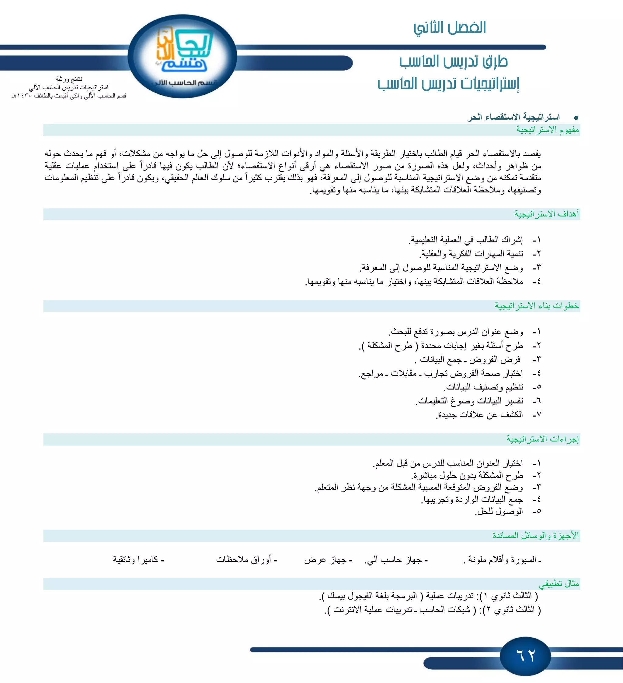 62
‫احلاسب‬ ‫تدريص‬ ‫طرم‬
‫إسرتاتيجيات‬‫احلاسب‬ ‫تدريص‬
‫استراتٌجٌة‬‫الحر‬ ‫االستقصاء‬
‫االستراتٌجٌة‬ ‫مفهوم‬
‫م‬ ‫فهم‬ ‫أو‬ ،‫مشكالت‬ ‫من‬ ‫ٌواجه‬ ‫ما‬ ‫حل‬ ‫إلى‬ ‫للوصول‬ ‫مة‬ ‫الال‬ ‫واألدوات‬ ‫والمواد‬ ‫واألسبلة‬ ‫الطرٌقة‬ ‫باختٌار‬ ‫الطالب‬ ‫قٌام‬ ‫الحر‬ ‫باالستقصاء‬ ‫ٌقصد‬‫ح‬ ‫ٌحدث‬ ‫ا‬‫وله‬
‫عقل‬ ‫عملٌات‬ ‫استخدام‬ ‫على‬ ً‫ا‬‫قادر‬ ‫فٌها‬ ‫ٌكون‬ ‫الطالب‬ ‫ألن‬ ‫االستقصاءن‬ ‫أنواع‬ ‫أرقى‬ ً‫ه‬ ‫االستقصاء‬ ‫صور‬ ‫من‬ ‫الصورة‬ ‫هذه‬ ‫ولعل‬ ،‫وأحداث‬ ‫ظواهر‬ ‫من‬‫ٌة‬
‫وضع‬ ‫من‬ ‫تمكنه‬ ‫متقدمة‬‫االستراتٌجٌة‬‫على‬ ً‫ا‬‫قادر‬ ‫وٌكون‬ ،ً‫الحقٌق‬ ‫العالم‬ ‫سلوك‬ ‫من‬ ً‫ا‬‫كثٌر‬ ‫ٌقترب‬ ‫بذلك‬ ‫فهو‬ ،‫المعرفة‬ ‫إلى‬ ‫للوصول‬ ‫المناسبة‬‫المعلومات‬ ‫تنظٌم‬
.‫وتقوٌمها‬ ‫منها‬ ‫ٌناسبه‬ ‫ما‬ ،‫بٌنها‬ ‫المتشابكة‬ ‫العالقات‬ ‫ومالحظة‬ ،‫وتصنٌفها‬
‫االستراتٌجٌة‬ ‫أهداف‬
1-.‫التعلٌمٌة‬ ‫العملٌة‬ ً‫ف‬ ‫الطالب‬ ‫إشراك‬
2-.‫والعقلٌة‬ ‫الفكرٌة‬ ‫المهارات‬ ‫تنمٌة‬
3-.‫المعرفة‬ ‫إلى‬ ‫للوصول‬ ‫المناسبة‬ ‫االستراتٌجٌة‬ ‫وضع‬
4-‫و‬ ،‫بٌنها‬ ‫المتشابكة‬ ‫العالقات‬ ‫مالحظة‬.‫وتقوٌمها‬ ‫منها‬ ‫ٌناسبه‬ ‫ما‬ ‫اختٌار‬
‫بناء‬ ‫خطوات‬‫االستراتٌجٌة‬
1-.‫للبحث‬ ‫تدفع‬ ‫بصورة‬ ‫الدرس‬ ‫عنوان‬ ‫وضع‬
2-.) ‫المشكلة‬ ‫طرح‬ ( ‫محددة‬ ‫إجابات‬ ‫بغٌر‬ ‫أسبلة‬ ‫طرح‬
3-. ‫البٌانات‬ ‫جمع‬ ‫ـ‬ ‫الفروض‬ ‫فرض‬
4-.‫مراجع‬ ‫ـ‬ ‫مقابالت‬ ‫ـ‬ ‫تجارب‬ ‫الفروض‬ ‫صحة‬ ‫اختبار‬
5-.‫البٌانات‬ ‫وتصنٌف‬ ‫تنظٌم‬
6-‫التع‬ ‫وصوغ‬ ‫البٌانات‬ ‫تفسٌر‬.‫لٌمات‬
7-.‫جدٌدة‬ ‫عالقات‬ ‫عن‬ ‫الكشف‬
‫إجراءات‬‫االستراتٌجٌة‬
1-.‫المعلم‬ ‫قبل‬ ‫من‬ ‫للدرس‬ ‫المناسب‬ ‫العنوان‬ ‫اختٌار‬
2-.‫مباشرة‬ ‫حلول‬ ‫بدون‬ ‫المشكلة‬ ‫طرح‬
3-.‫المتعلم‬ ‫نظر‬ ‫وجهة‬ ‫من‬ ‫المشكلة‬ ‫المسببة‬ ‫المتوقعة‬ ‫الفروض‬ ‫وضع‬
4-.‫وتجرٌبها‬ ‫الواردة‬ ‫البٌانات‬ ‫جمع‬
5-.‫للحل‬ ‫الوصول‬
‫المساندة‬ ‫والوسابل‬ ‫ة‬ ‫األجه‬
‫السبورة‬ ‫ـ‬‫و‬‫أقالم‬. ‫ملونة‬-.ً‫آل‬ ‫حاسب‬ ‫جها‬-‫عرض‬ ‫جها‬-‫مالحظات‬ ‫أوراق‬-‫وثابقٌة‬ ‫كامٌرا‬
ً‫تطبٌق‬ ‫مثال‬
‫ثانوي‬ ‫الثالث‬ (1.) ‫بٌسك‬ ‫الفٌجول‬ ‫بلغة‬ ‫البرمجة‬ ( ‫عملٌة‬ ‫تدرٌبات‬ :)
‫ثانوي‬ ‫الثالث‬ (2.) ‫االنترنت‬ ‫عملٌة‬ ‫تدرٌبات‬ ‫ـ‬ ‫الحاسب‬ ‫شبكات‬ ( :)
‫ورشة‬ ‫نتابج‬
ً‫اآلل‬ ‫الحاسب‬ ‫تدرٌس‬ ‫استراتٌجٌات‬
‫بالطابف‬ ‫أقٌمت‬ ً‫والت‬ ً‫اآلل‬ ‫الحاسب‬ ‫قسم‬1430‫هـ‬
‫الثاني‬ ‫الفصل‬
 