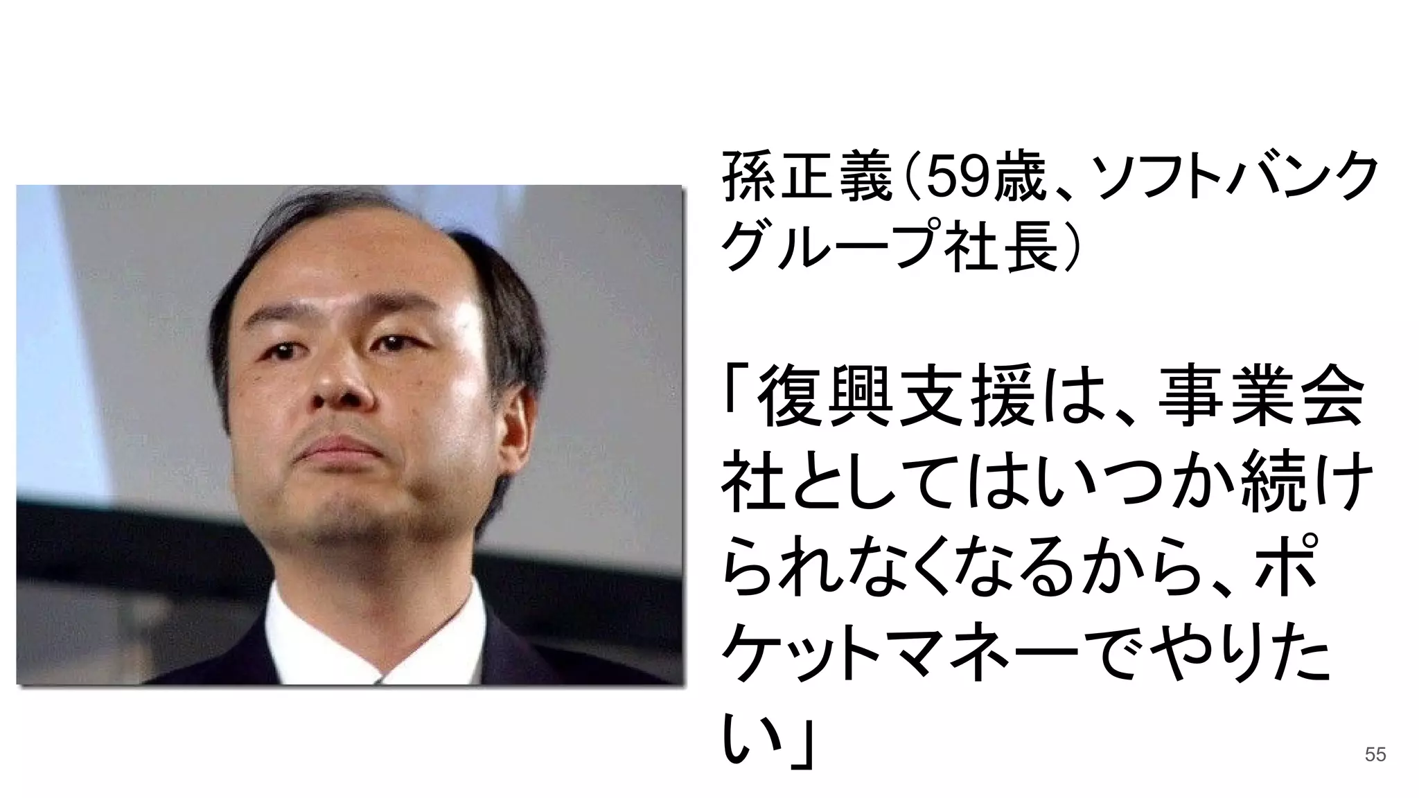 55
孫正義（59歳、ソフトバンク
グループ社長）
「復興支援は、事業会
社としてはいつか続け
られなくなるから、ポ
ケットマネーでやりた
い」
 