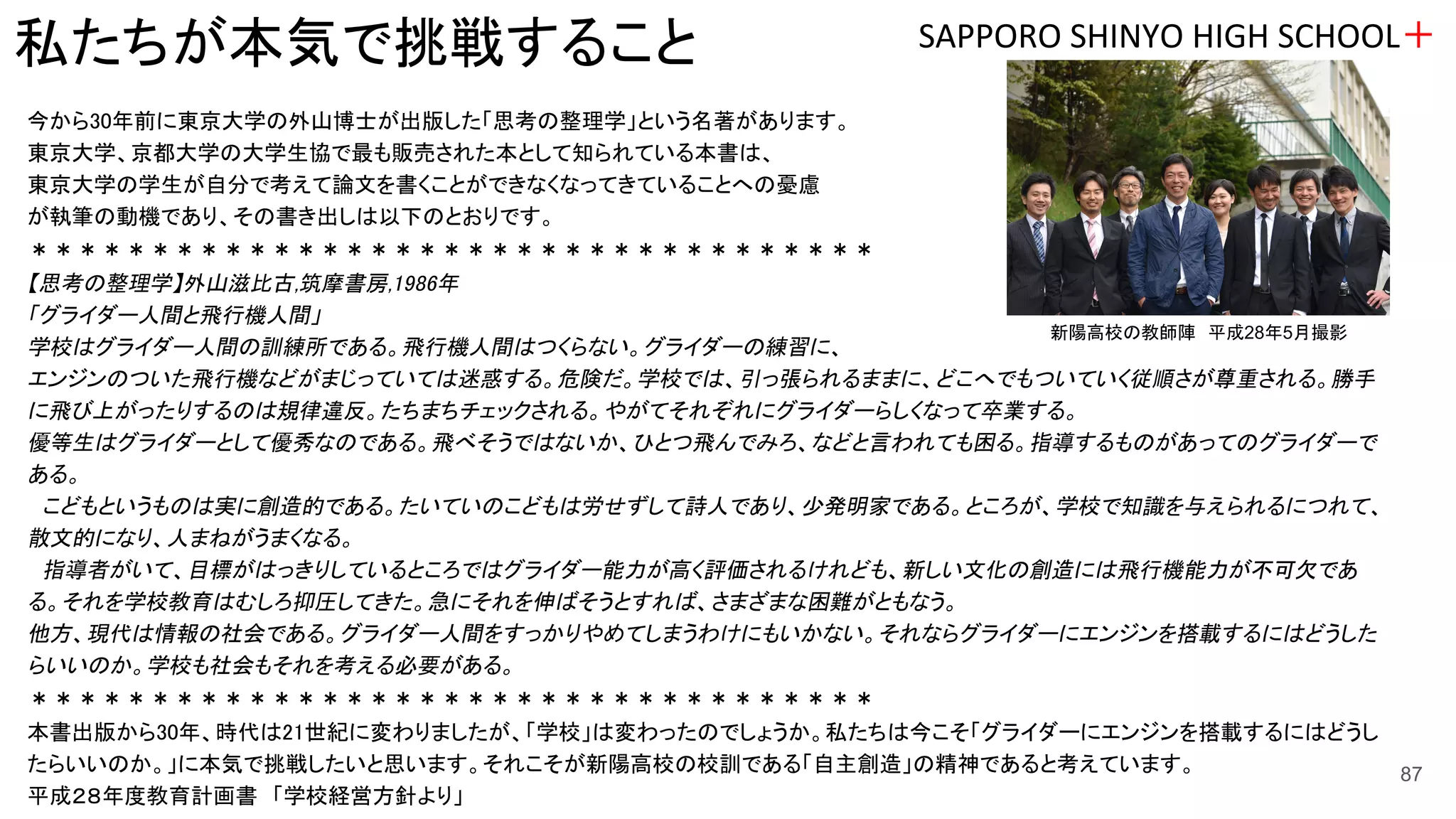 私たちが本気で挑戦すること SAPPORO SHINYO HIGH SCHOOL＋
今から30年前に東京大学の外山博士が出版した「思考の整理学」という名著があります。
東京大学、京都大学の大学生協で最も販売された本として知られている本書は、
東京大学の学生が自分で考えて論文を書くことができなくなってきていることへの憂慮
が執筆の動機であり、その書き出しは以下のとおりです。
＊＊＊＊＊＊＊＊＊＊＊＊＊＊＊＊＊＊＊＊＊＊＊＊＊＊＊＊＊＊＊＊＊＊＊
【思考の整理学】外山滋比古,筑摩書房,1986年
「グライダー人間と飛行機人間」
学校はグライダー人間の訓練所である。飛行機人間はつくらない。グライダーの練習に、
エンジンのついた飛行機などがまじっていては迷惑する。危険だ。学校では、引っ張られるままに、どこへでもついていく従順さが尊重される。勝手
に飛び上がったりするのは規律違反。たちまちチェックされる。やがてそれぞれにグライダーらしくなって卒業する。
優等生はグライダーとして優秀なのである。飛べそうではないか、ひとつ飛んでみろ、などと言われても困る。指導するものがあってのグライダーで
ある。
　こどもというものは実に創造的である。たいていのこどもは労せずして詩人であり、少発明家である。ところが、学校で知識を与えられるにつれて、
散文的になり、人まねがうまくなる。
　指導者がいて、目標がはっきりしているところではグライダー能力が高く評価されるけれども、新しい文化の創造には飛行機能力が不可欠であ
る。それを学校教育はむしろ抑圧してきた。急にそれを伸ばそうとすれば、さまざまな困難がともなう。
他方、現代は情報の社会である。グライダー人間をすっかりやめてしまうわけにもいかない。それならグライダーにエンジンを搭載するにはどうした
らいいのか。学校も社会もそれを考える必要がある。
＊＊＊＊＊＊＊＊＊＊＊＊＊＊＊＊＊＊＊＊＊＊＊＊＊＊＊＊＊＊＊＊＊＊＊
本書出版から30年、時代は21世紀に変わりましたが、「学校」は変わったのでしょうか。私たちは今こそ「グライダーにエンジンを搭載するにはどうし
たらいいのか。」に本気で挑戦したいと思います。それこそが新陽高校の校訓である「自主創造」の精神であると考えています。 　　　　　　　　　　　　　　　　
平成２８年度教育計画書　「学校経営方針より」
新陽高校の教師陣　平成28年5月撮影
87
 
