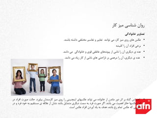 ‫تصاویر‬‫خانوادگی‬
•‫عکس‬‫های‬‫روی‬‫میز‬،‫کار‬‫می‬‫توانند‬‫تعابیر‬‫و‬‫تفاسیر‬‫مختلفی‬‫داشته‬‫باشند‬.
•‫برخی‬‫افراد‬‫آن‬‫را‬‫کلیشه‬
•‫عده‬‫ی‬‫دیگری‬‫آن‬‫را‬‫ناشی‬‫از‬‫پیوندهای‬‫عاطفی‬‫قوی‬‫و‬‫خانوادگی‬‫می‬‫دانند‬.
•‫عده‬‫ی‬،‫دیگری‬‫آن‬‫را‬‫مرهمی‬‫بر‬‫ناراحتی‬‫های‬‫ناشی‬‫از‬‫کار‬‫زیاد‬‫می‬‫دانند‬.
•‫احساس‬‫گناه‬‫بر‬‫اثر‬‫دور‬‫ماندن‬‫از‬‫خانواده‬‫می‬‫تواند‬‫عکسهای‬‫اینچنینی‬‫را‬‫روی‬‫میز‬‫کارمندان‬‫بیاورد‬.‫حالت‬‫صورت‬‫اف‬‫راد‬‫در‬
‫این‬‫عکسها‬‫حائز‬‫اهمیت‬‫می‬‫باشد‬.‫اگر‬‫صورت‬‫فرد‬‫به‬‫سمت‬‫دیگری‬‫متمایل‬‫باشد‬‫نشان‬‫از‬‫عالقه‬‫ی‬‫مستقیم‬‫به‬‫خ‬‫ود‬‫فرد‬‫و‬‫در‬
‫صورتی‬‫که‬‫عکس‬‫تمام‬‫رخ‬،‫باشد‬‫هدف‬‫به‬‫یاد‬‫آوردن‬‫افراد‬‫عکس‬‫است‬.
‫کار‬ ‫میز‬ ‫شناسی‬ ‫روان‬
 