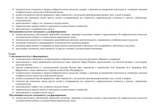 • положительное отношение к урокам изобразительного искусства, интерес к занятиям во внеурочной деятельности, понимание значения
изобразительного искусства в собственной жизни;
• основа для развития чувства прекрасного через знакомство с доступными произведениями разных эпох, стилей и жанров;
• эмпатия как понимание чувств других людей и сопереживание им, открытость, первоначальная готовность к диалогу, творческому
сотрудничеству;
• представление о добре и зле, должном и недопустимом;
• первоначальные навыки оценки и самооценки художественного творчества;
• представление о содержательном досуге.
Обучающийся получит возможность для формирования:
• умения реализовать собственный творческий потенциал, применяя полученные знания и представления об изобразительном искусстве
для выполнения учебных и художественно-практических задач;
• эмоционально-ценностного отношения к разнообразным явлениям действительности, отраженным в изобразительном искусстве;
• мотивации творческого самовыражения, сотрудничества и взаимоподдержки;
• осознания нравственного содержания художественных произведений и проекции этого содержания в собственных поступках;
• трудолюбия, оптимизма, ответственности за другого человека; положительной самооценки.
3 класс
У обучающегося будут сформированы:
• эмоциональная отзывчивость на произведения изобразительного искусства различного образного содержания;
• представление о своей гражданской идентичности через принятие образа Родины, представление о ее богатой истории, о культурном
наследии России;
• чувство сопричастности к художественной культуре России через знакомство с творчеством А.И. Куинджи, К.А. Коровина, В.В.
Верещагина, а также знакомство с городом музеев Санкт-Петербургом;
• положительное отношение к урокам изобразительного искусства, интерес к занятиям во внеурочной деятельности, понимание значения
изобразительного искусства в собственной жизни;
• основа для развития чувства прекрасного через знакомство с доступными произведениями разных эпох, стилей и жанров;
• симпатия как понимание чувств других людей и сопереживание им, открытость, первоначальная готовность к диалогу, творческому
сотрудничеству;
• представление о добре и зле, должном и недопустимом;
• первоначальные навыки оценки и самооценки художественного творчества;
• представление о содержательном досуге.
Обучающийся получит возможность для формирования:
• умения реализовать собственный творческий потенциал, применяя полученные знания и представления об изобразительном искусстве
для выполнения учебных и художественно-практических задач;
 