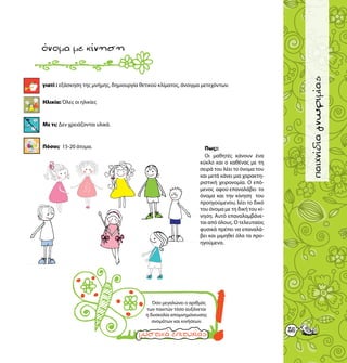 3535
παιχνίδιαγνωριμίας
όνομαμεκίνηση
Ηλικία: Όλες οι ηλικίες
Με τι; Δεν χρειάζονται υλικά.
Πόσοι; 15-20 άτομα. Πως;:
Οι μαθητές κάνουν ένα
κύκλο και ο καθένας με τη
σειρά του λέει το όνομα του
και μετά κάνει μια χαρακτη-
ριστική χειρονομία. Ο επό-
μενος αφού επαναλάβει το
όνομα και την κίνηση του
προηγούμενου, λέει το δικό
του όνομα με τη δική του κί-
νηση. Αυτό επαναλαμβάνε-
ται από όλους. Ο τελευταίος
φυσικά πρέπει να επαναλά-
βει και μιμηθεί όλα τα προ-
ηγούμενα.
γιατί : εξάσκηση της μνήμης, δημιουργία θετικού κλίματος, άνοιγμα μετεχόντων.
Όσο μεγαλώνει ο αριθμός
των παικτών τόσο αυξάνεται
η δυσκολία απομνημόνευσης
ονομάτων και κινήσεων.
 